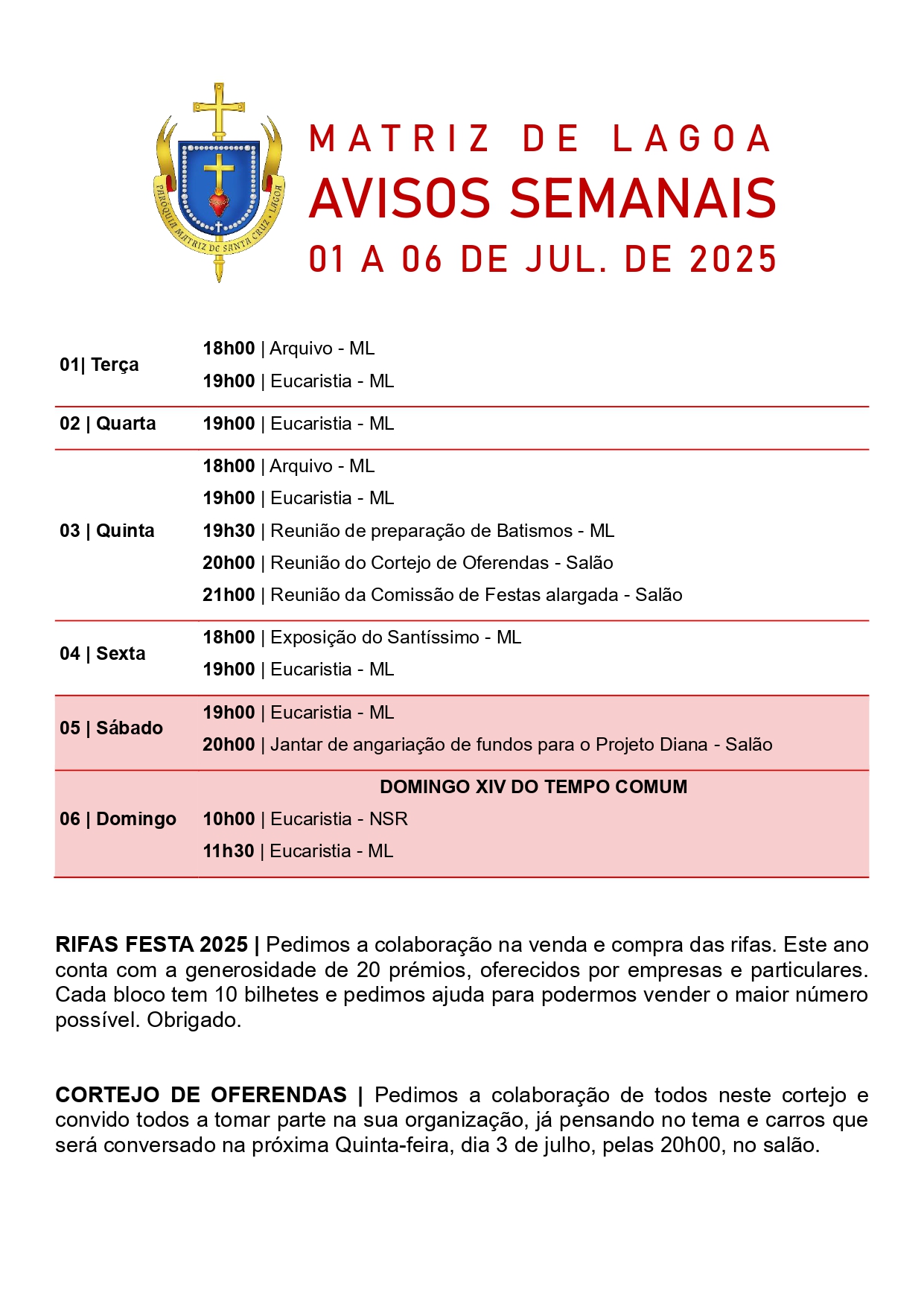 Avisos Semanais | 1 de Julho a 6 de Julho