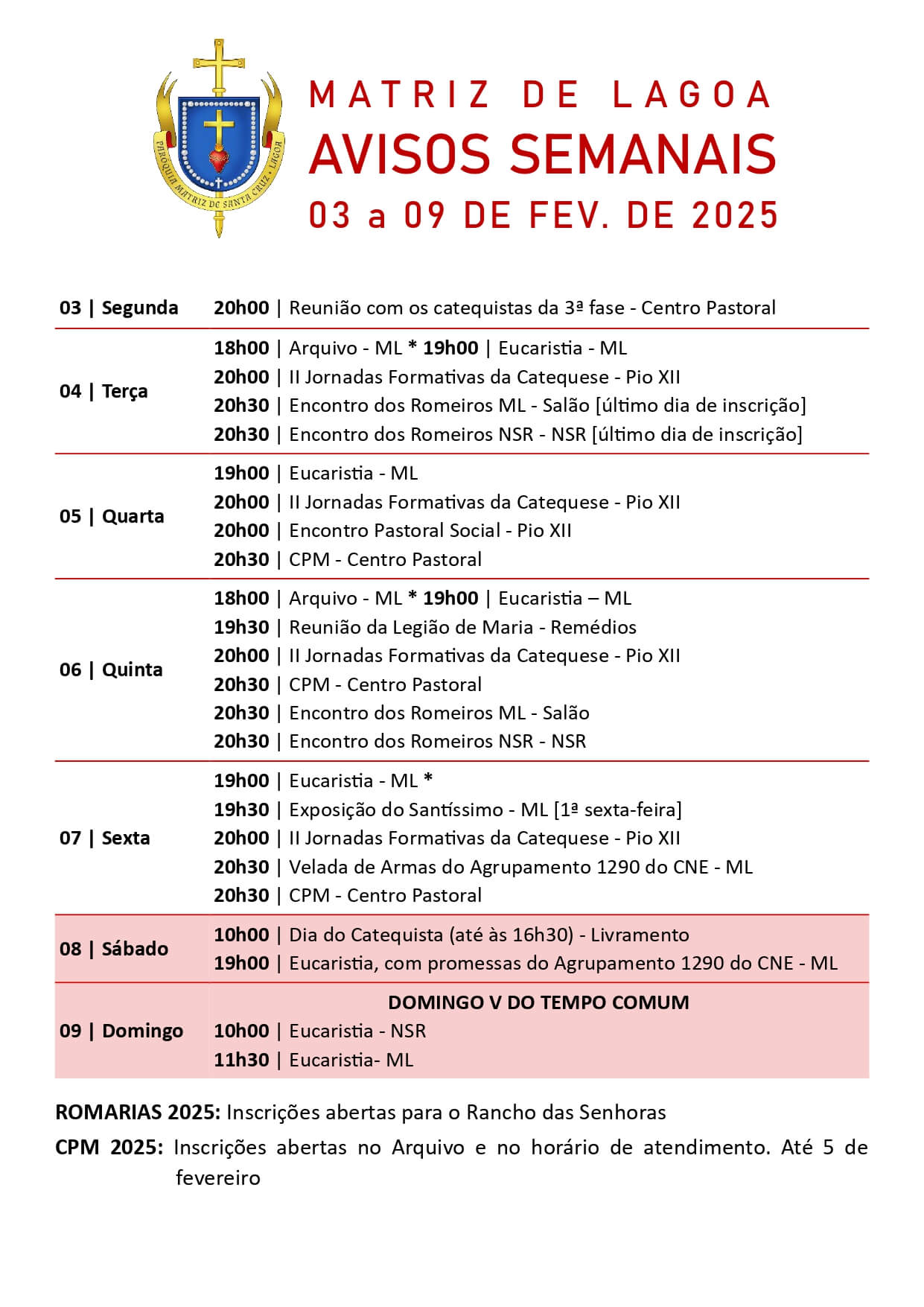 Avisos Semanais | 03 a 09 de Fevereiro