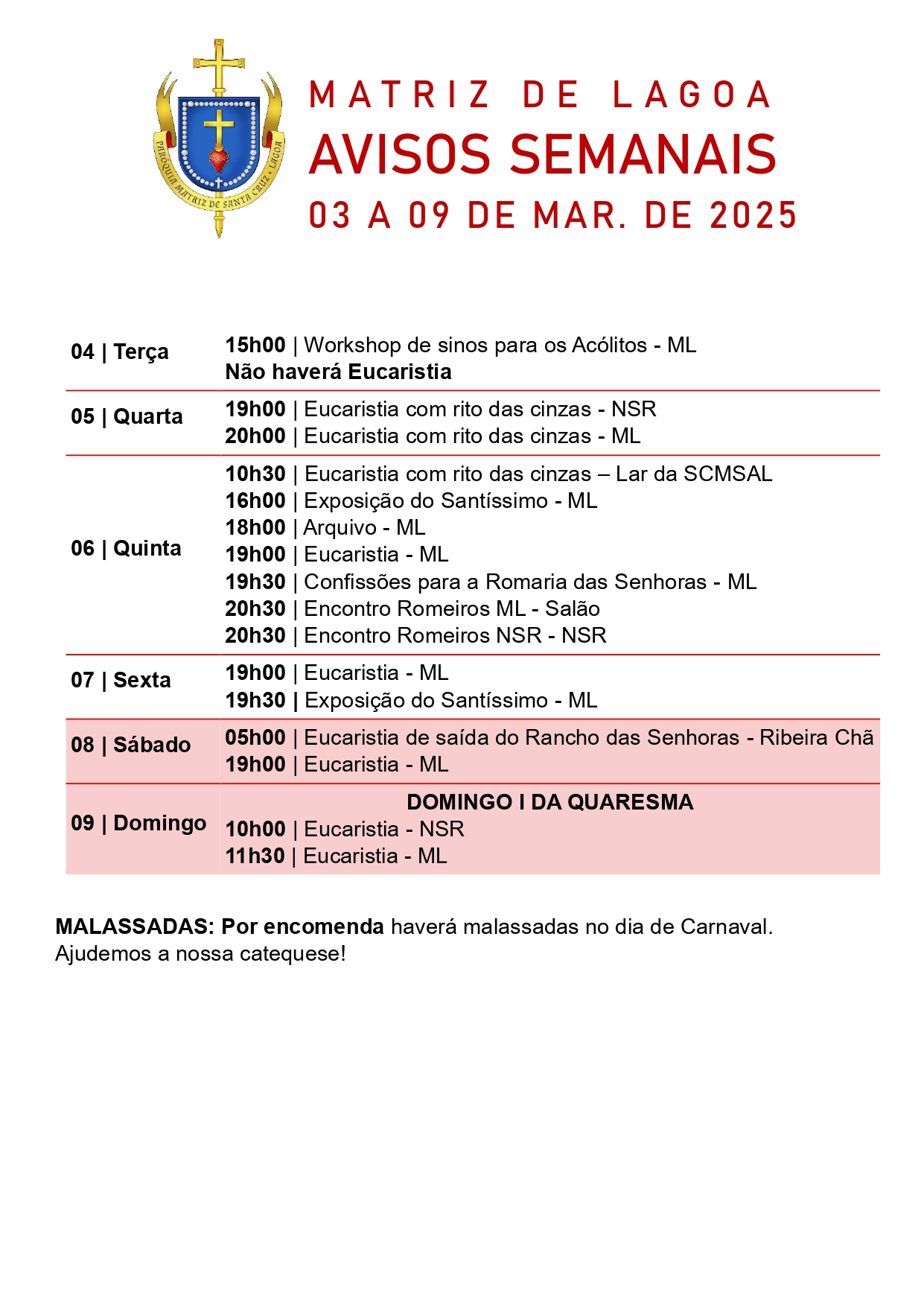 Avisos Semanais | 3 de Março a 9 de Março