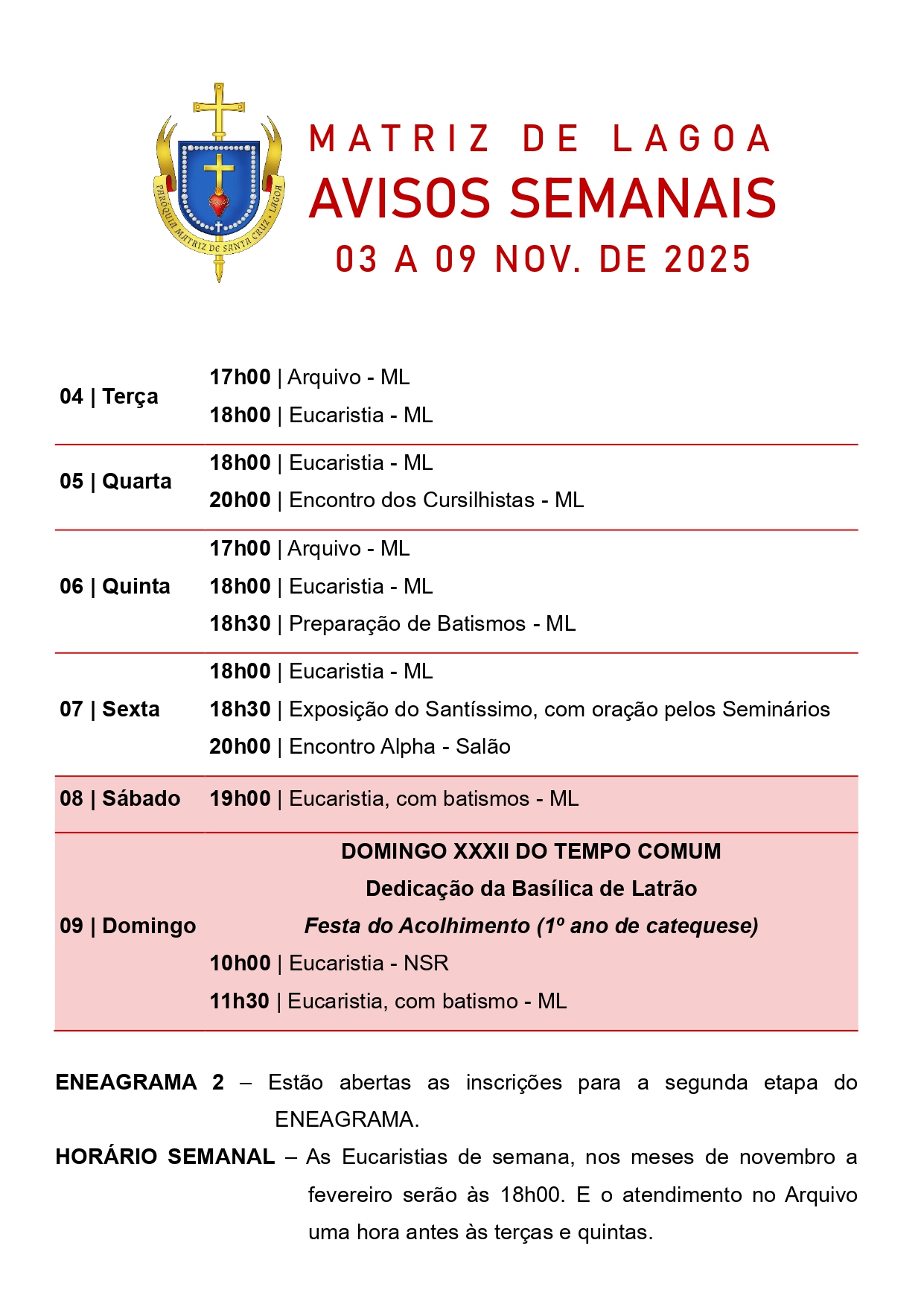 Avisos Semanais | 3 de Novembro a 9 de Novembro