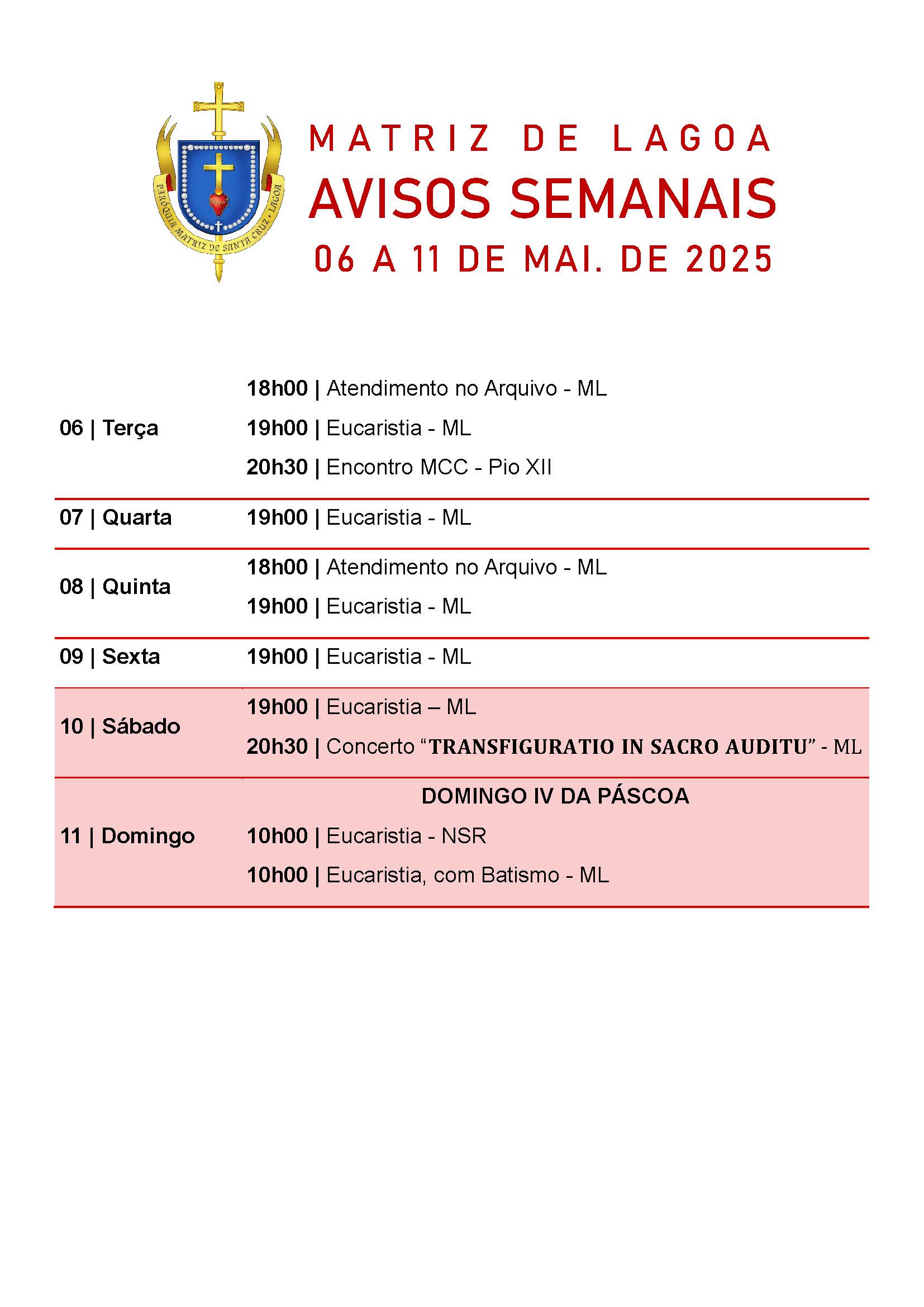 Avisos Semanais | 05 de Maio a 11 de Maio