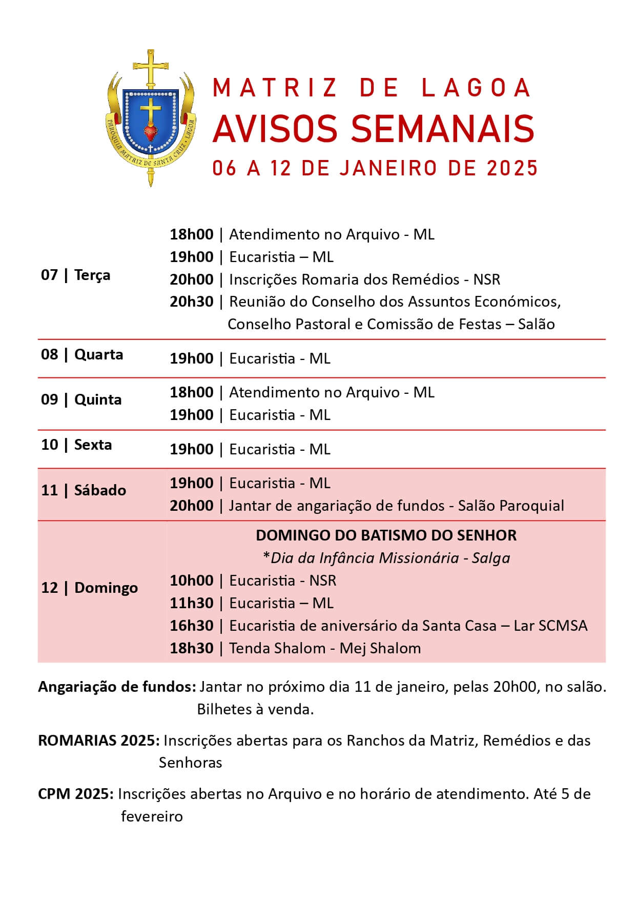 Avisos Semanais | 06 a 12 Janeiro