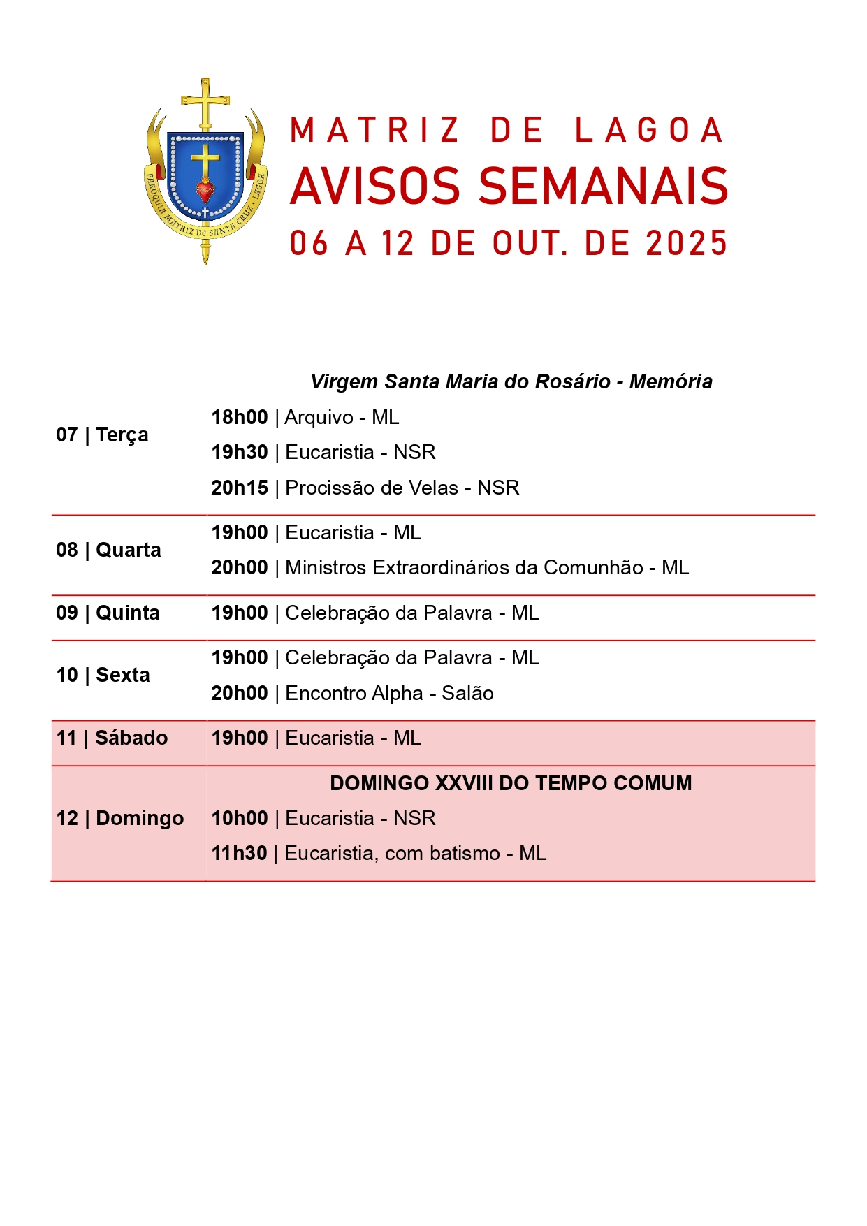 Avisos Semanais | 06 de Outubro a 12 de Outubro