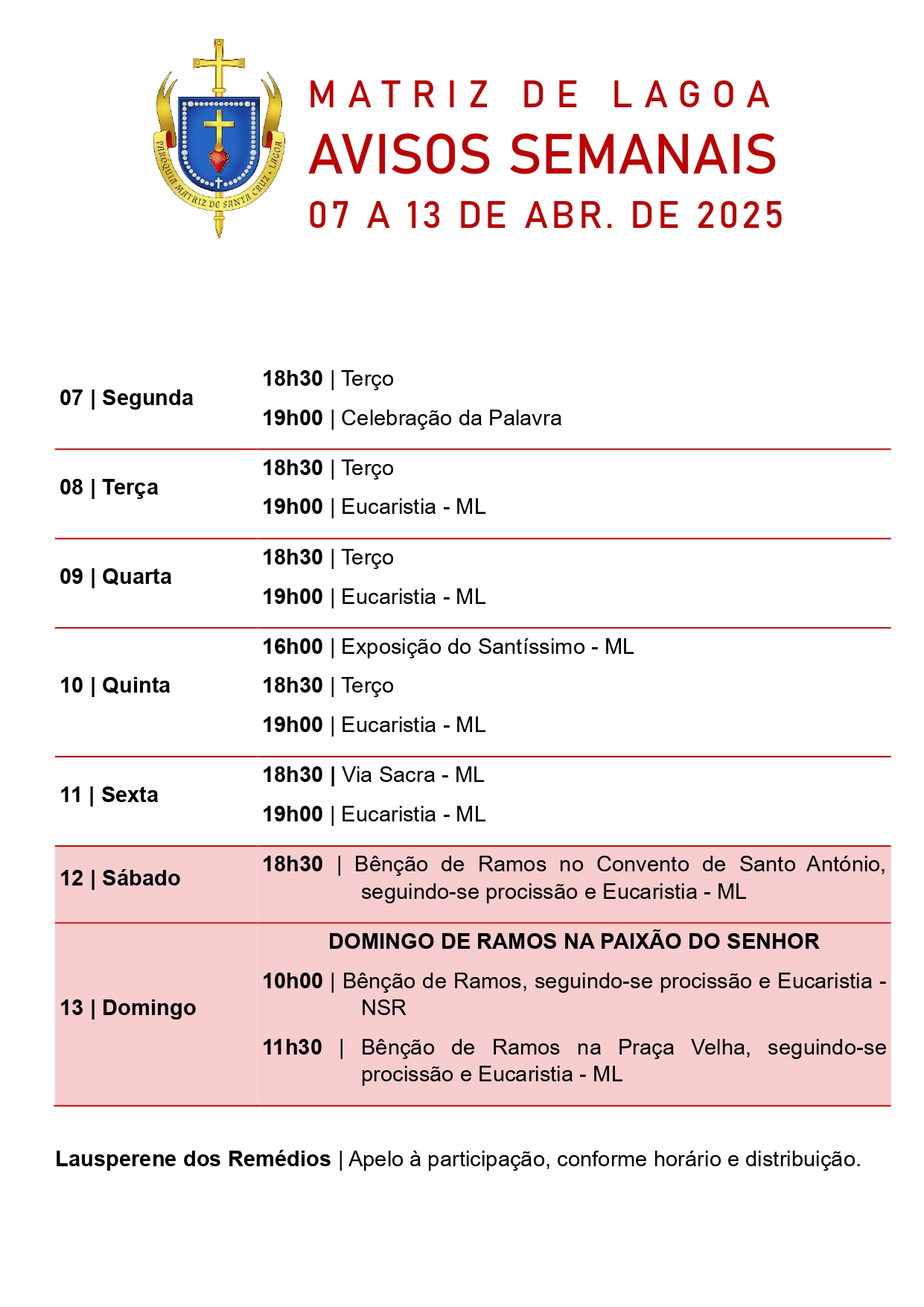 Avisos Semanais | 7 de Abril a 13 de Abril