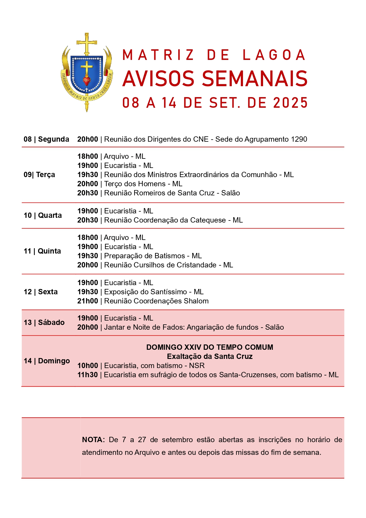 Avisos Semanais | 08 de Setembro  a 14 de Setembro