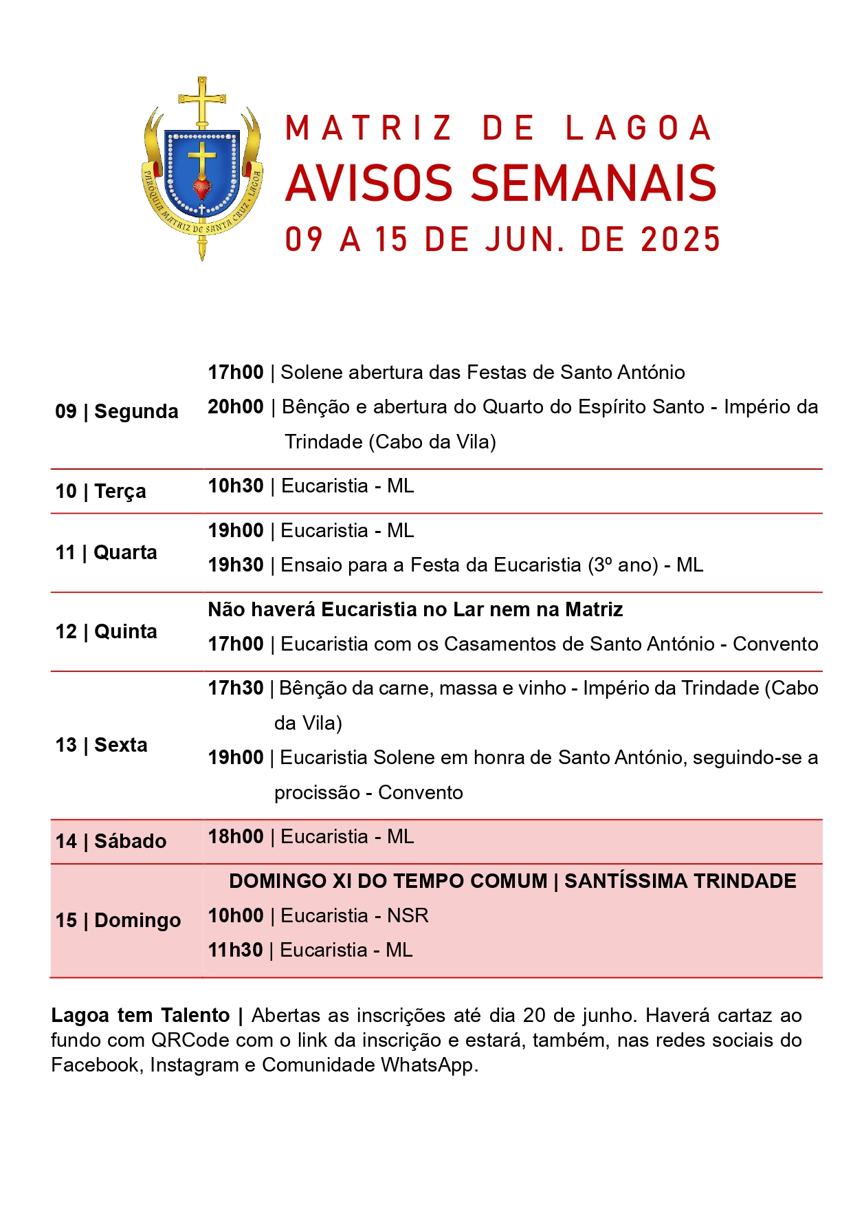 Avisos Semanais | 09 de Junho a 15 de Junho