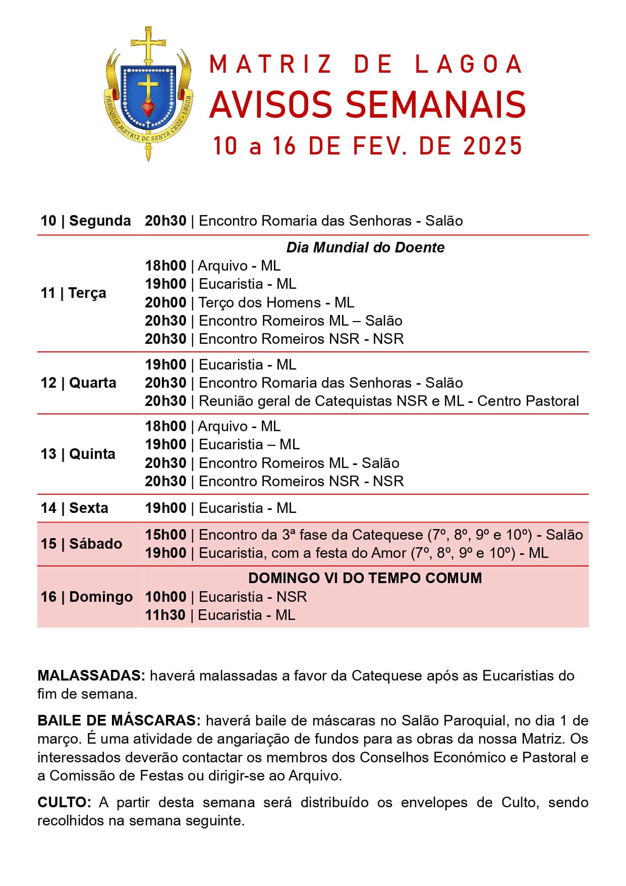 Avisos Semanais | 10 a 16 de Fevereiro
