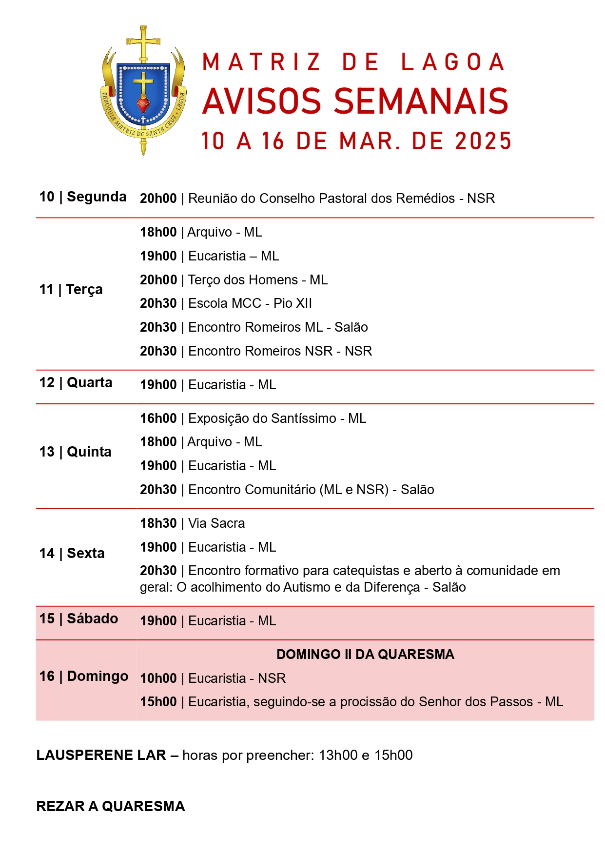 Avisos Semanais | 10 de Março a 16 de Março