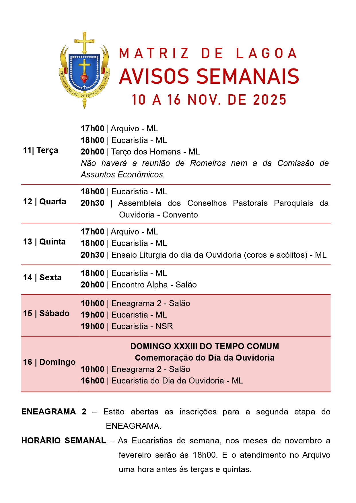 Avisos Semanais | 10 de Novembro a 16 de Novembro