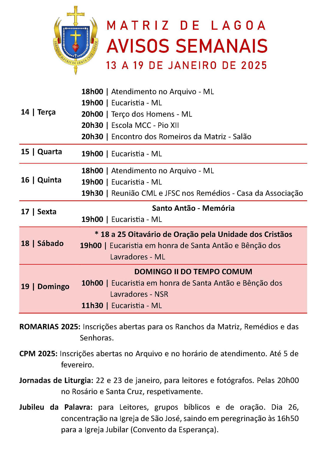 Avisos Semanais | 13 a 19 Janeiro