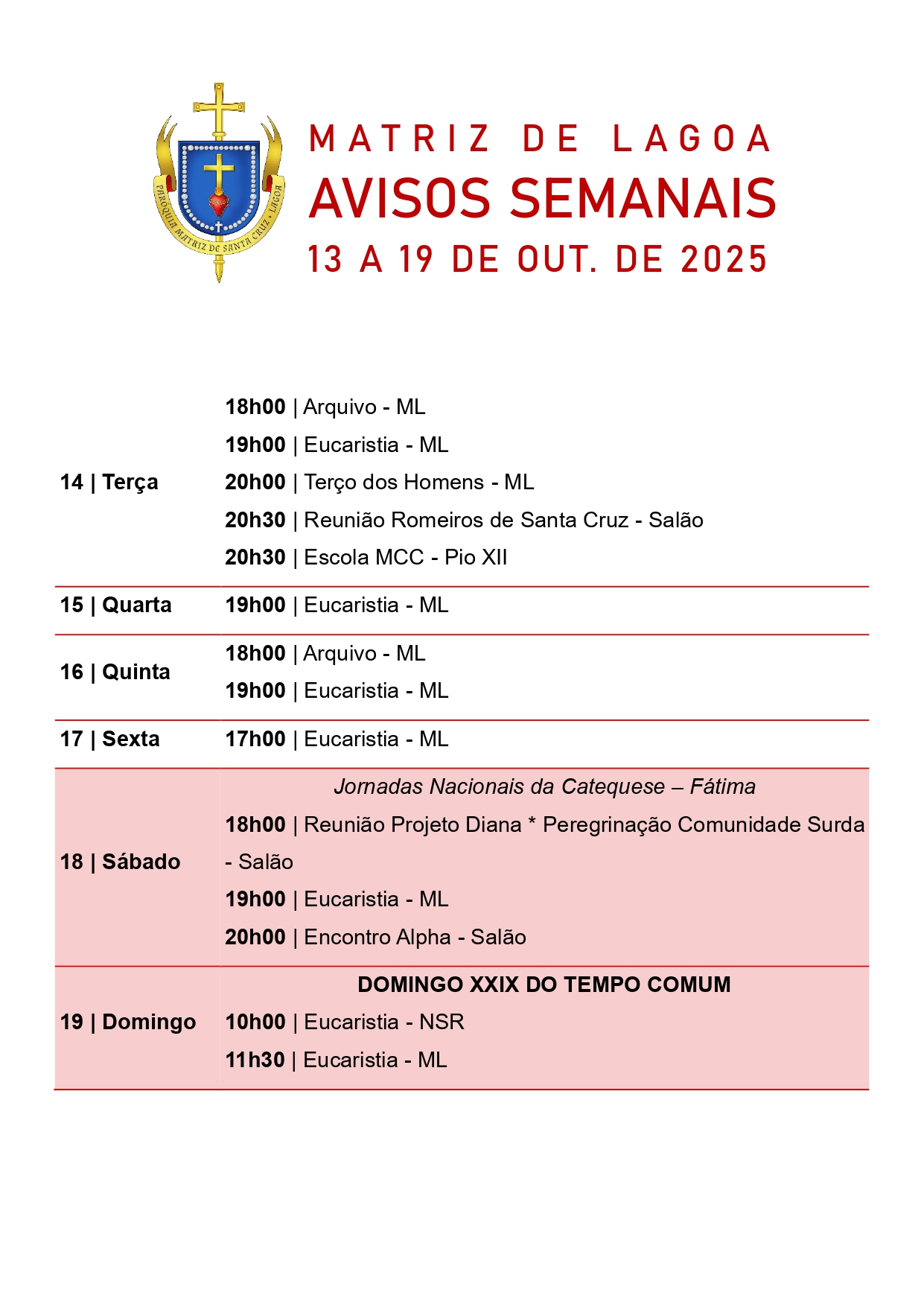 Avisos Semanais | 13 de Outubro a 19 de Outubro