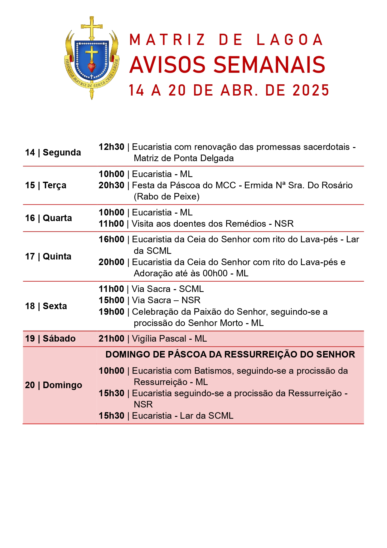 Avisos Semanais | 14 de Abril a 20 de Abril