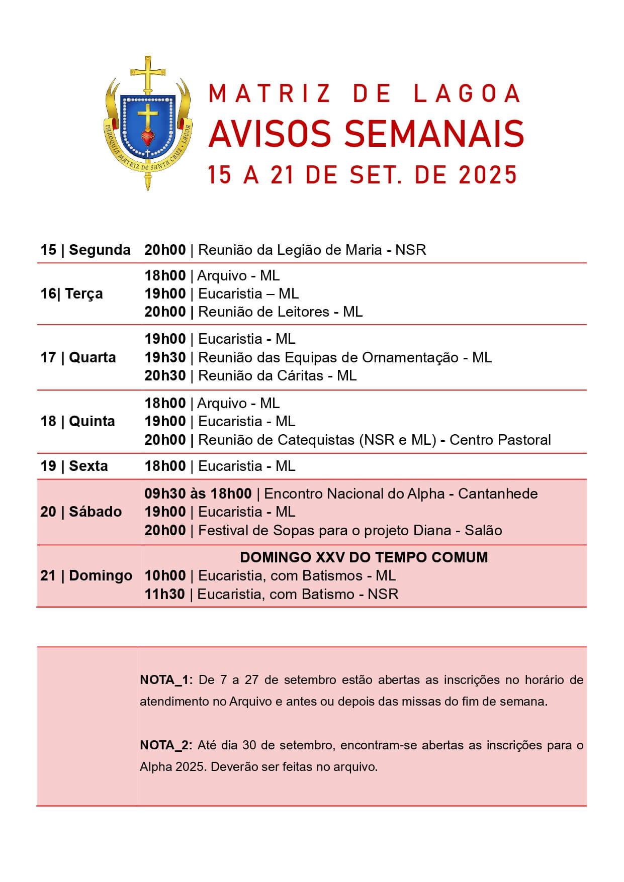Avisos Semanais | 15 de Setembro  a 21 de Setembro