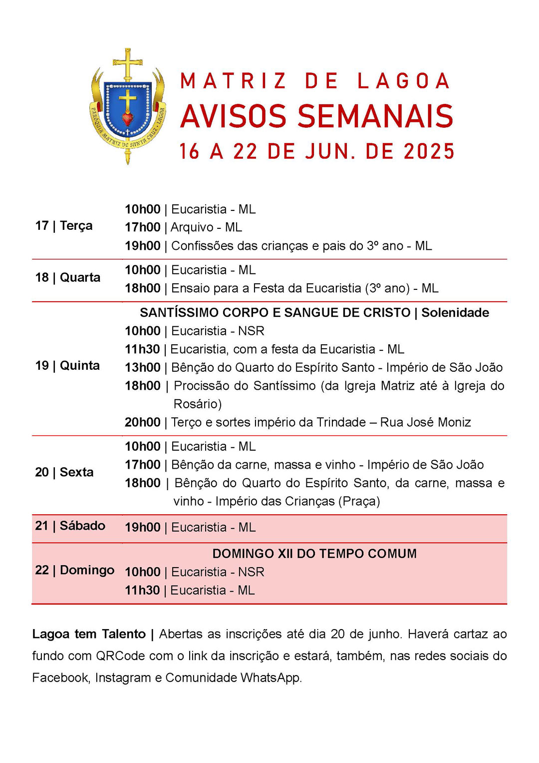 Avisos Semanais | 16 de Junho a 22 de Junho