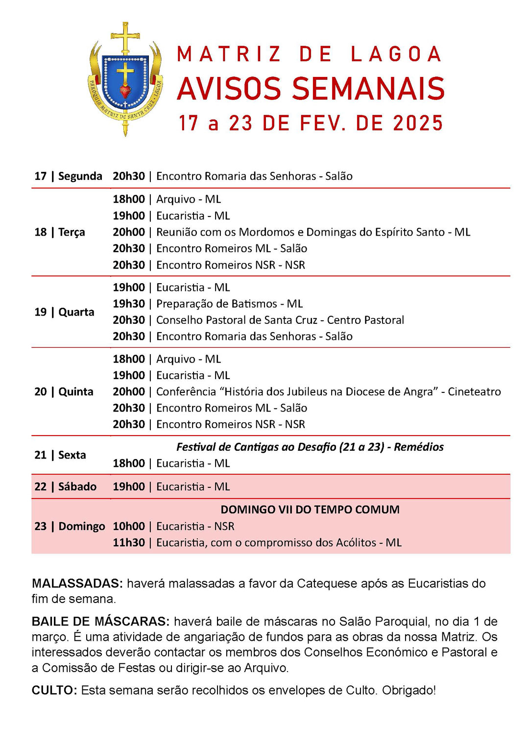 Avisos Semanais | 17 a 23 de Fevereiro