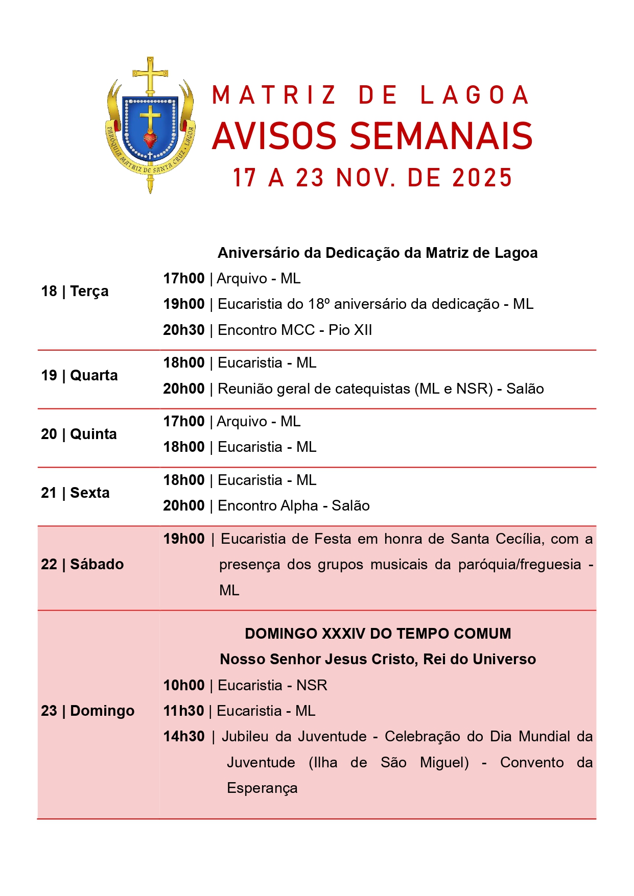 Avisos Semanais | 17 de Novembro a 23 de Novembro