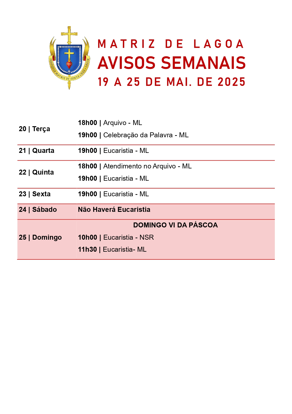 Avisos Semanais | 19 de Maio a 25 de Maio