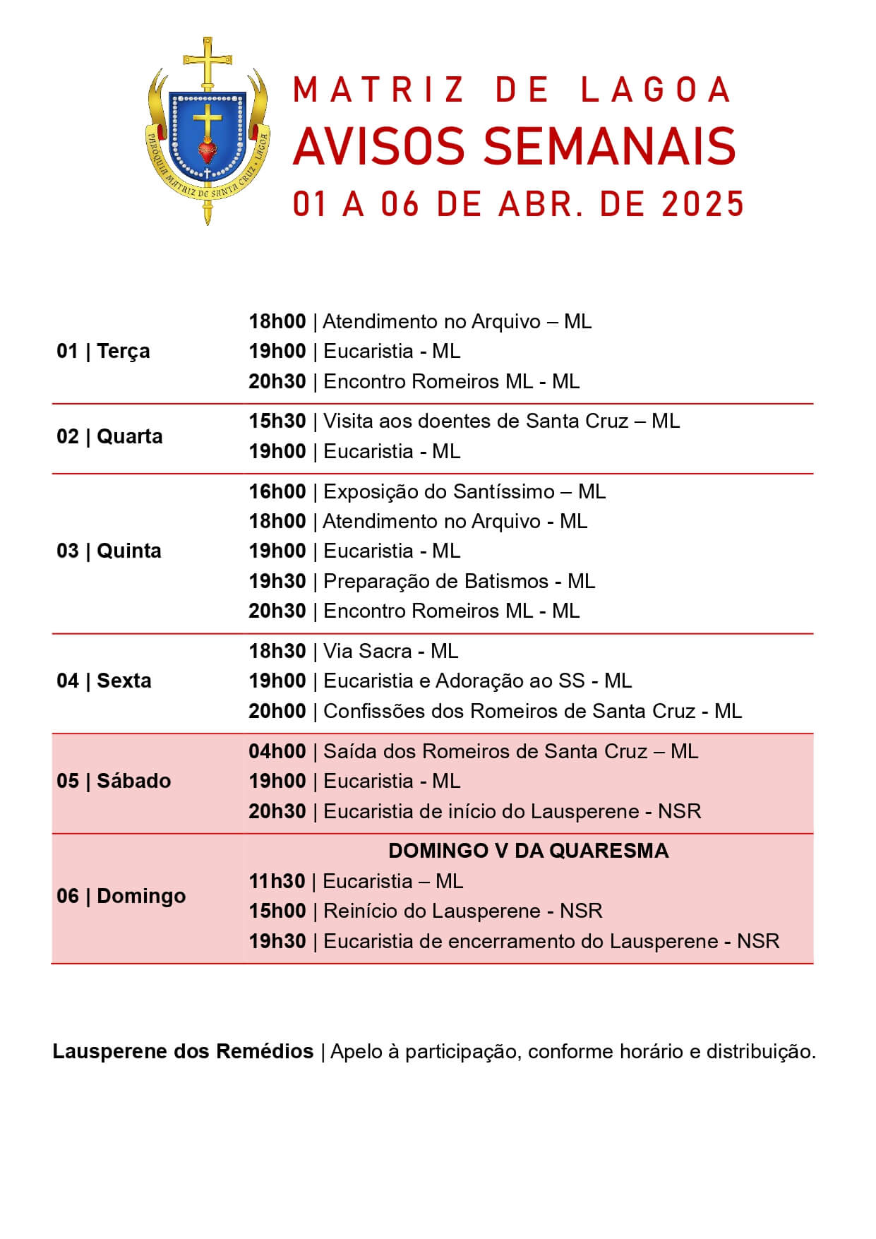 Avisos Semanais | 17 de Março a 23 de Março