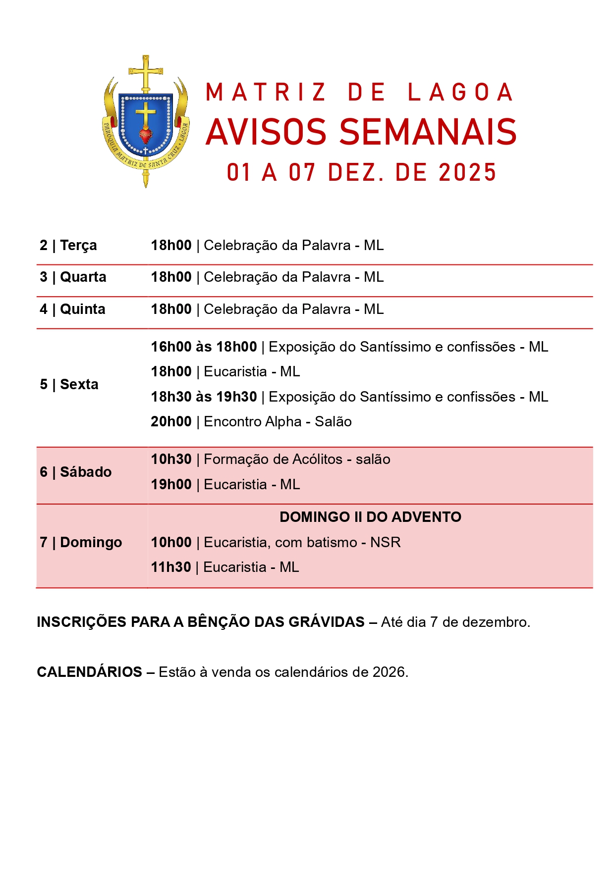 Avisos Semanais | 1 de Dezembro a 7 de Dezembro
