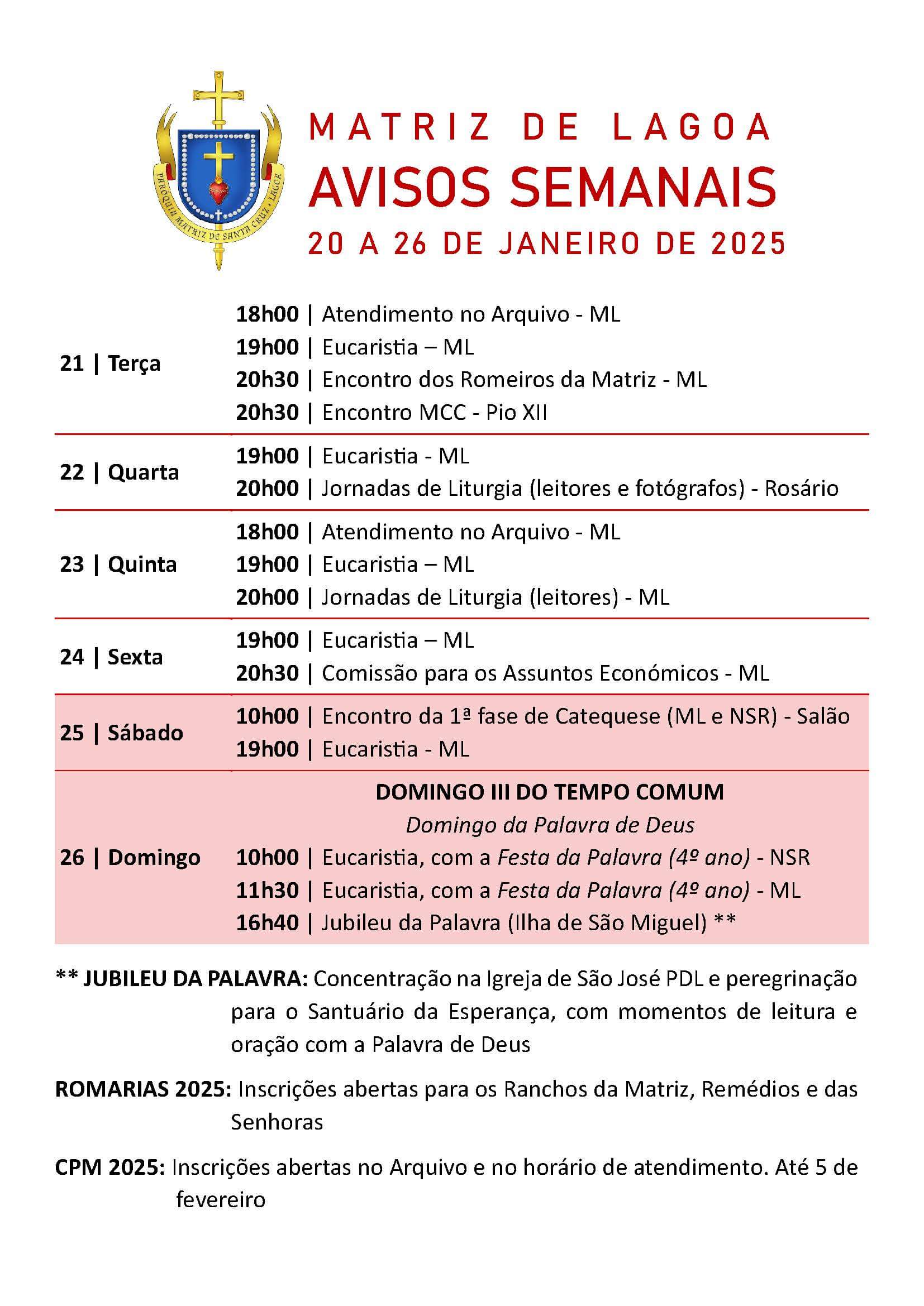 Avisos Semanais | 20 a 26 de Janeiro
