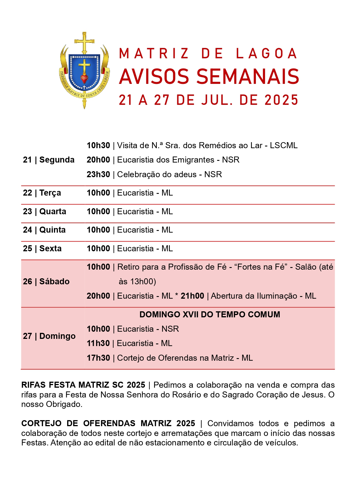 Avisos Semanais | 21 de Julho a 27 de Julho