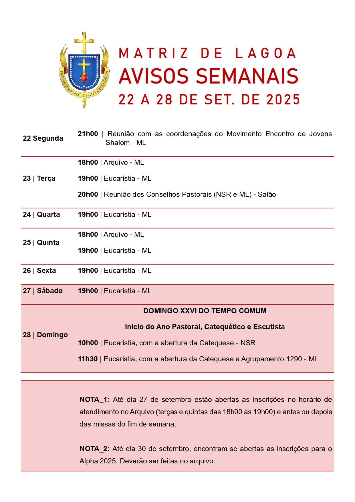 Avisos Semanais | 22 de Setembro  a 28 de Setembro
