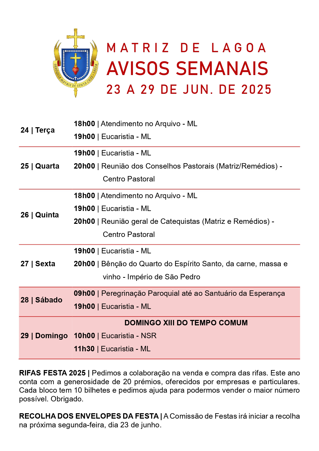 Avisos Semanais | 23 de Junho a 29 de Junho