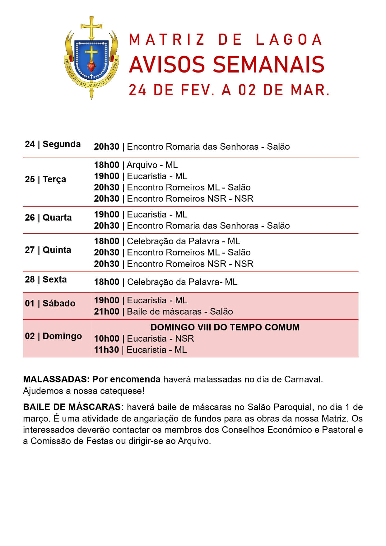Avisos Semanais | 24 de Fevereiro a 2 de Março