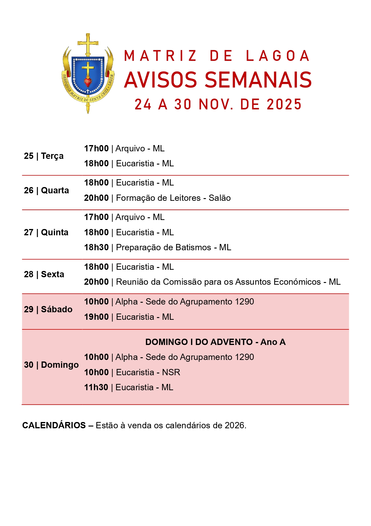 Avisos Semanais | 24 de Novembro a 30 de Novembro