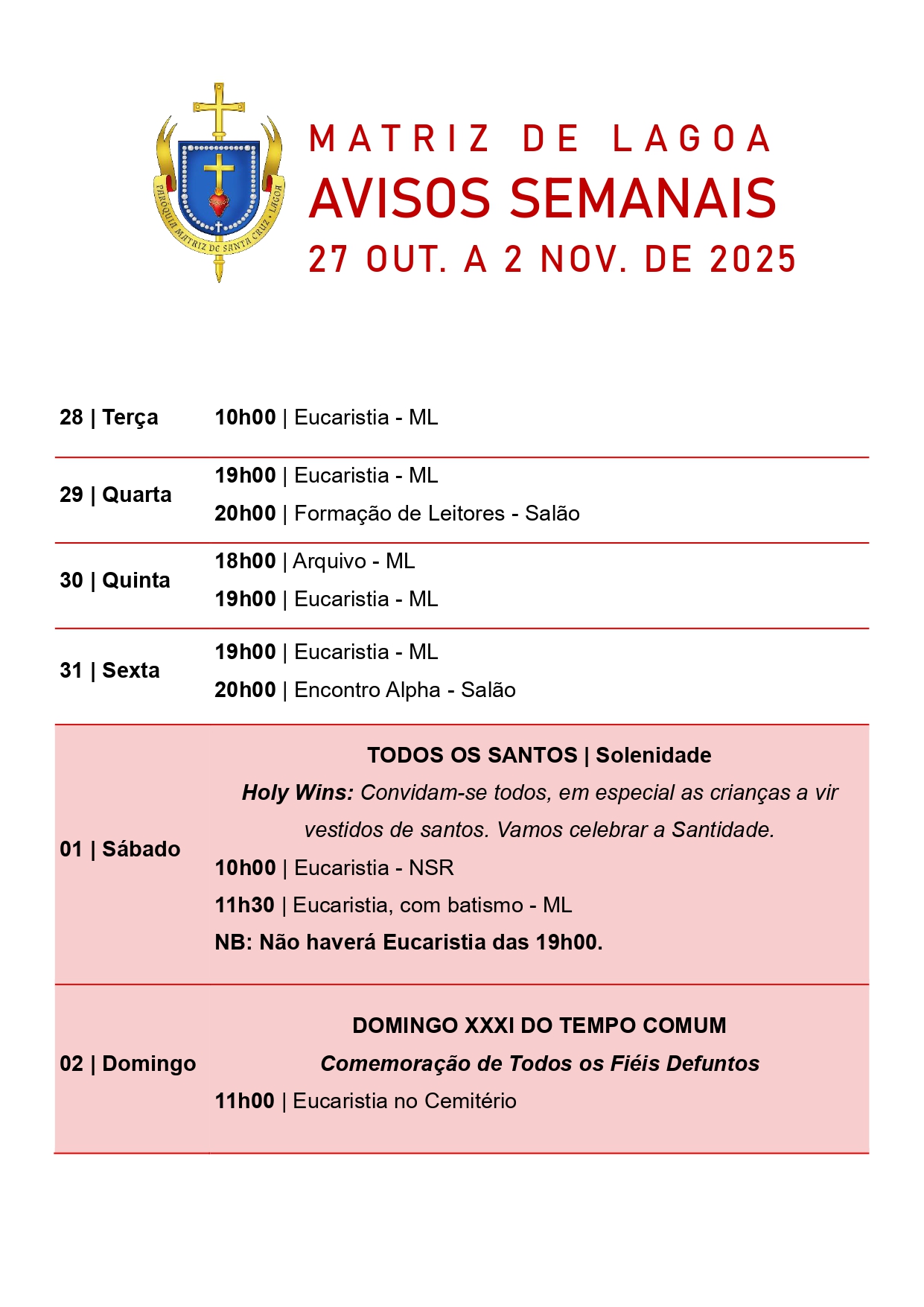 Avisos Semanais | 27 de Outubro a 2 de Novembro