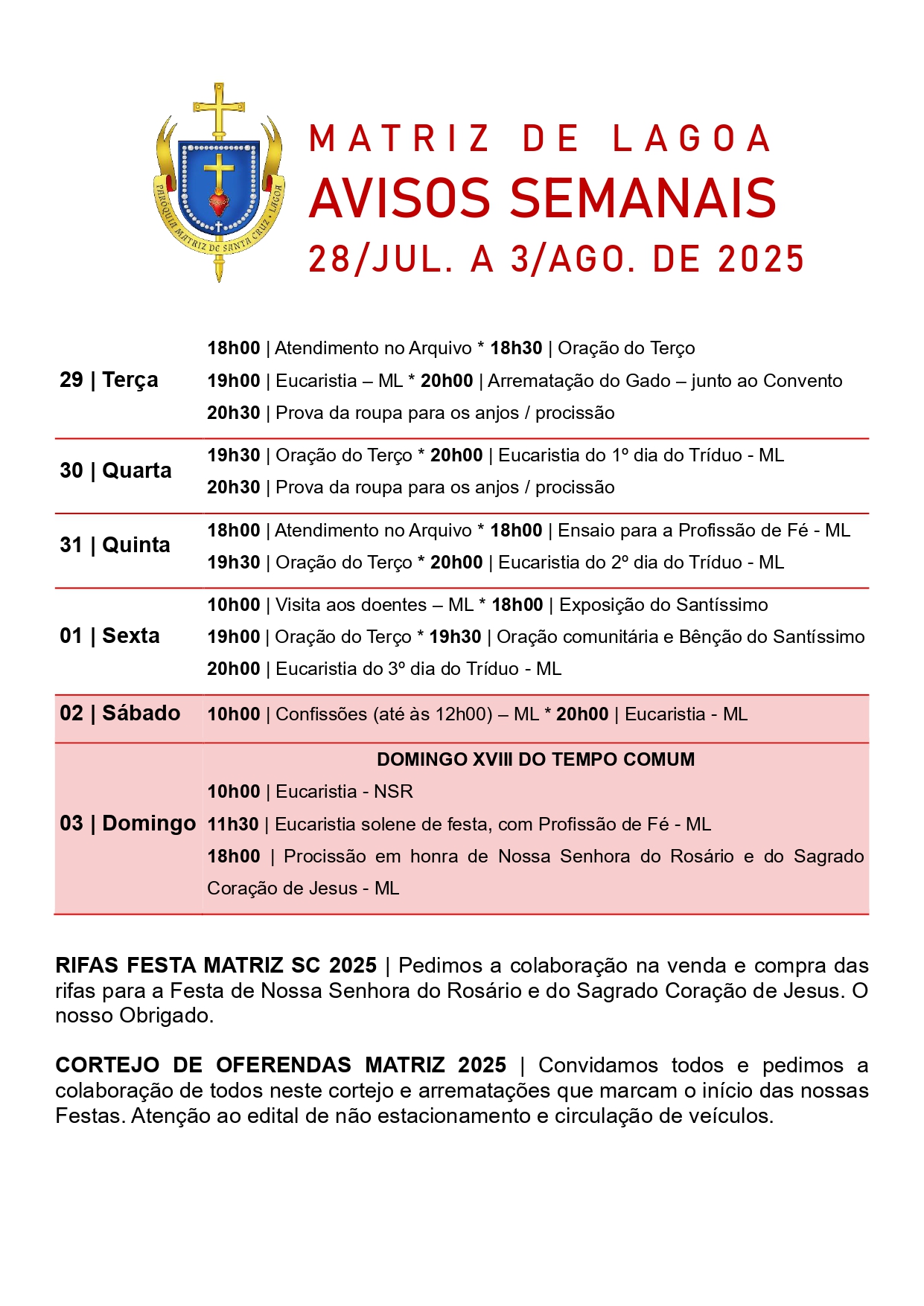 Avisos Semanais | 28 de Julho a 03 de Agosto
