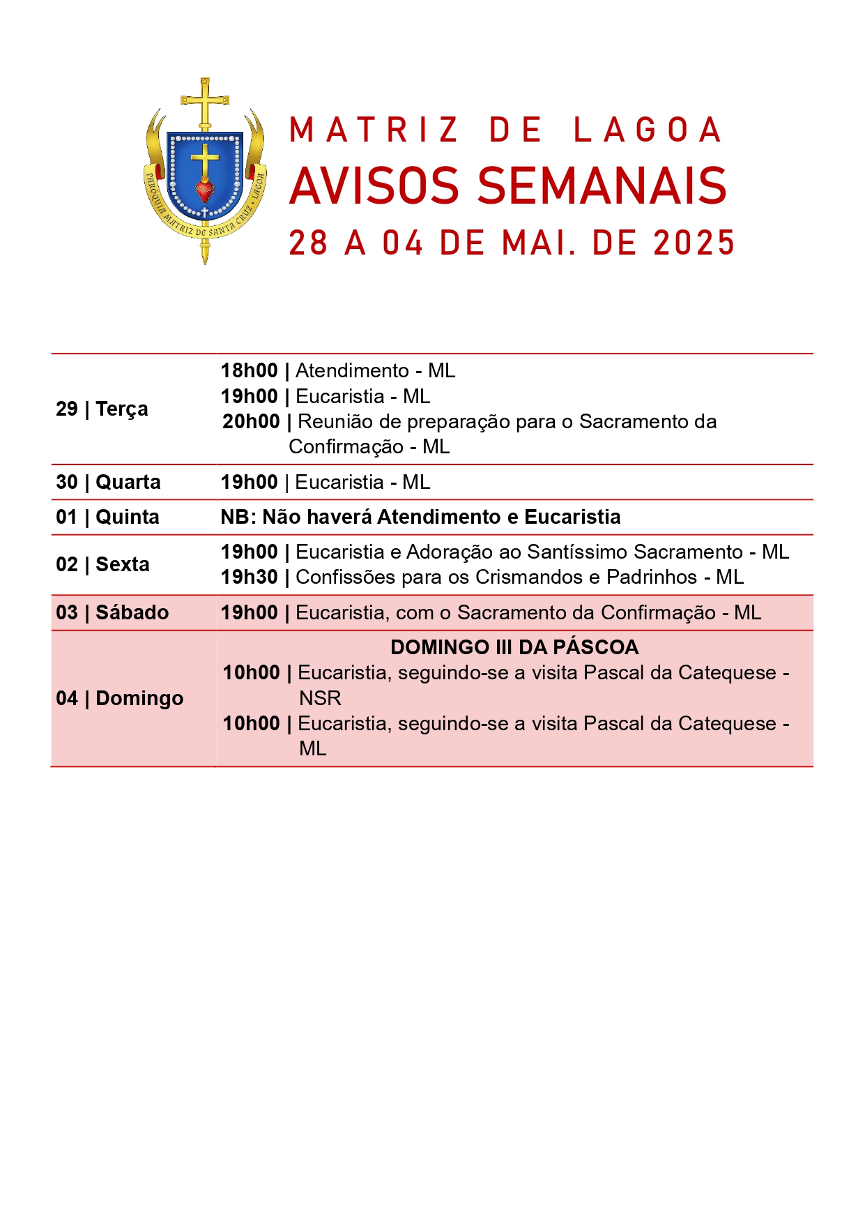 Avisos Semanais | 28 de Abril a 04 de Maio