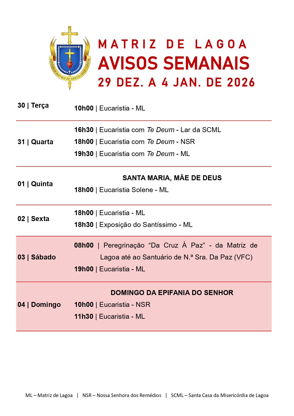 Avisos Semanais | 29 de Dezembro a 04 de Janeiro