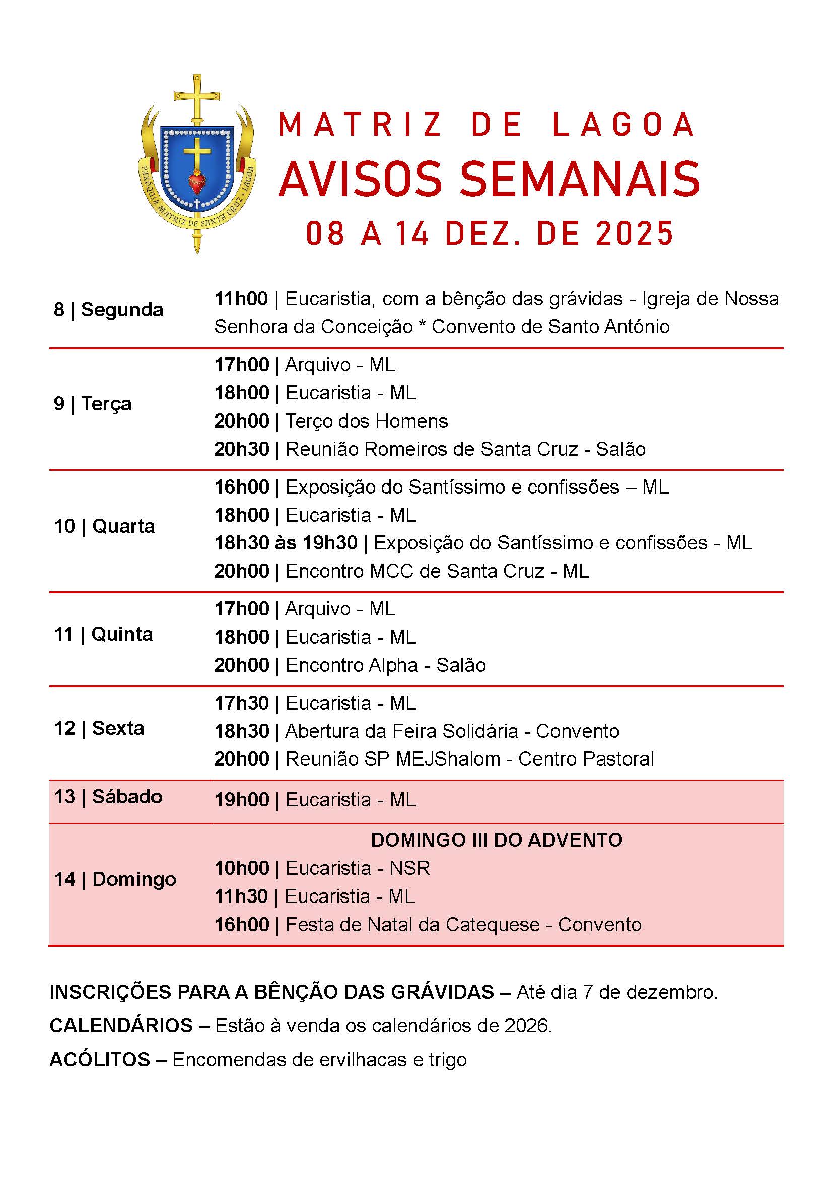 Avisos Semanais | 8 de Dezembro a 14 de Dezembro