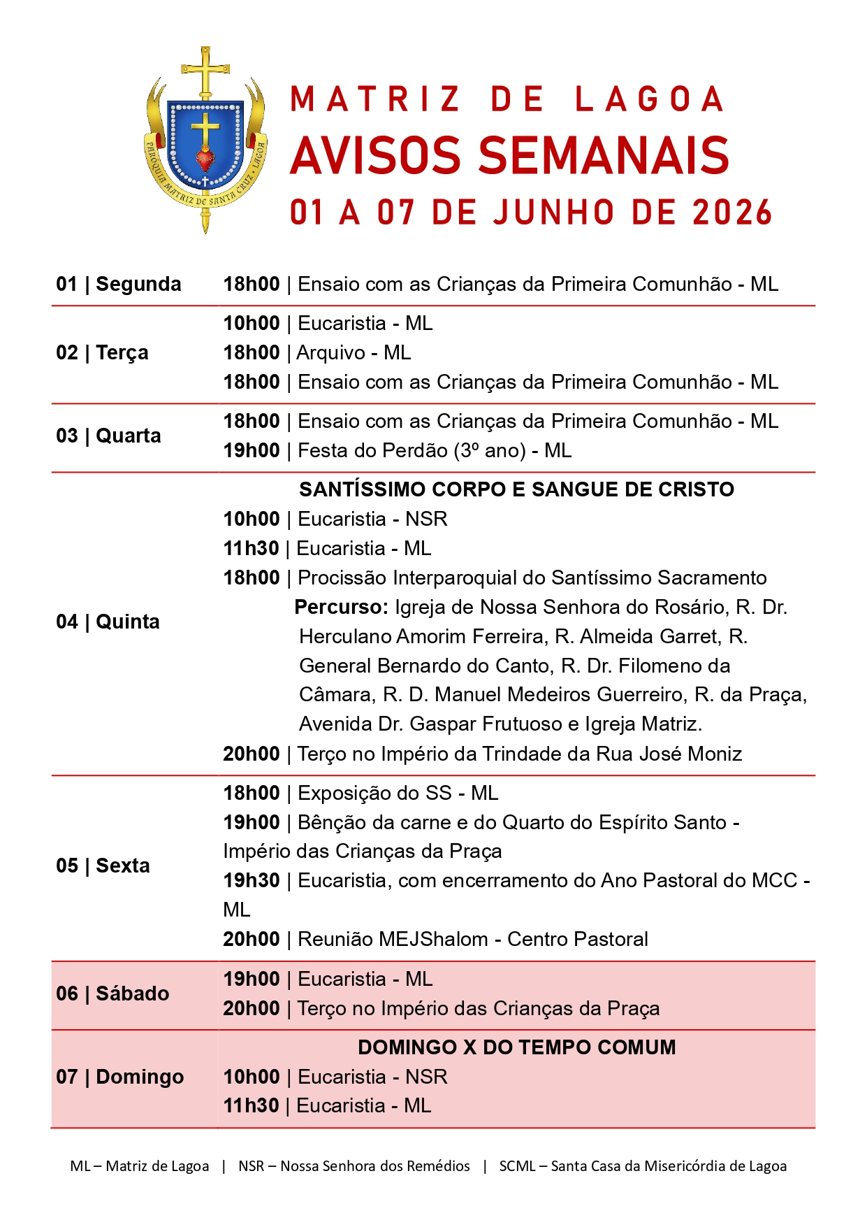 Avisos Semanais | 01 de Junho a 07 de Junho