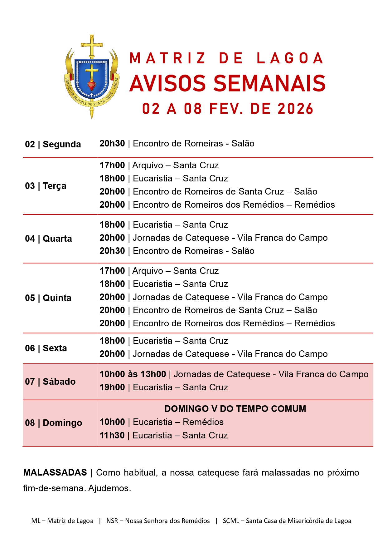 Avisos Semanais | 02 de Fevereiro a 08 de Fevereiro