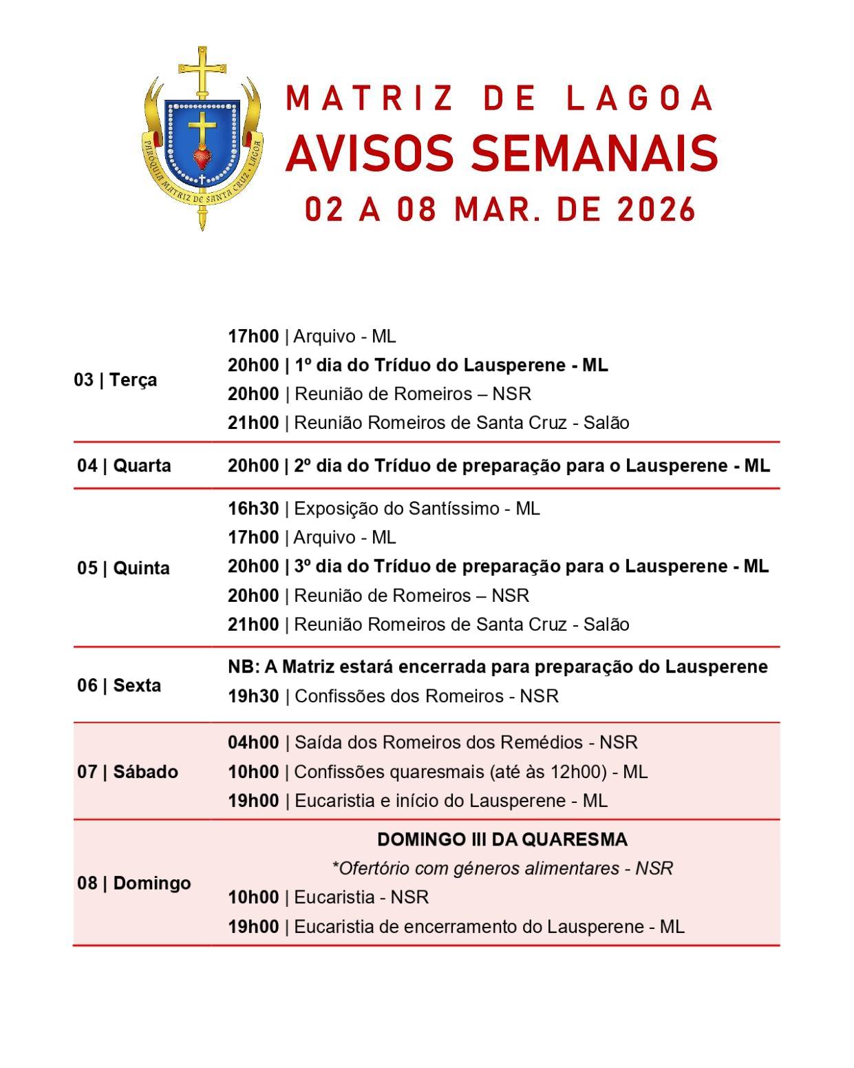 Avisos Semanais | 02 de Março a 08 de Março