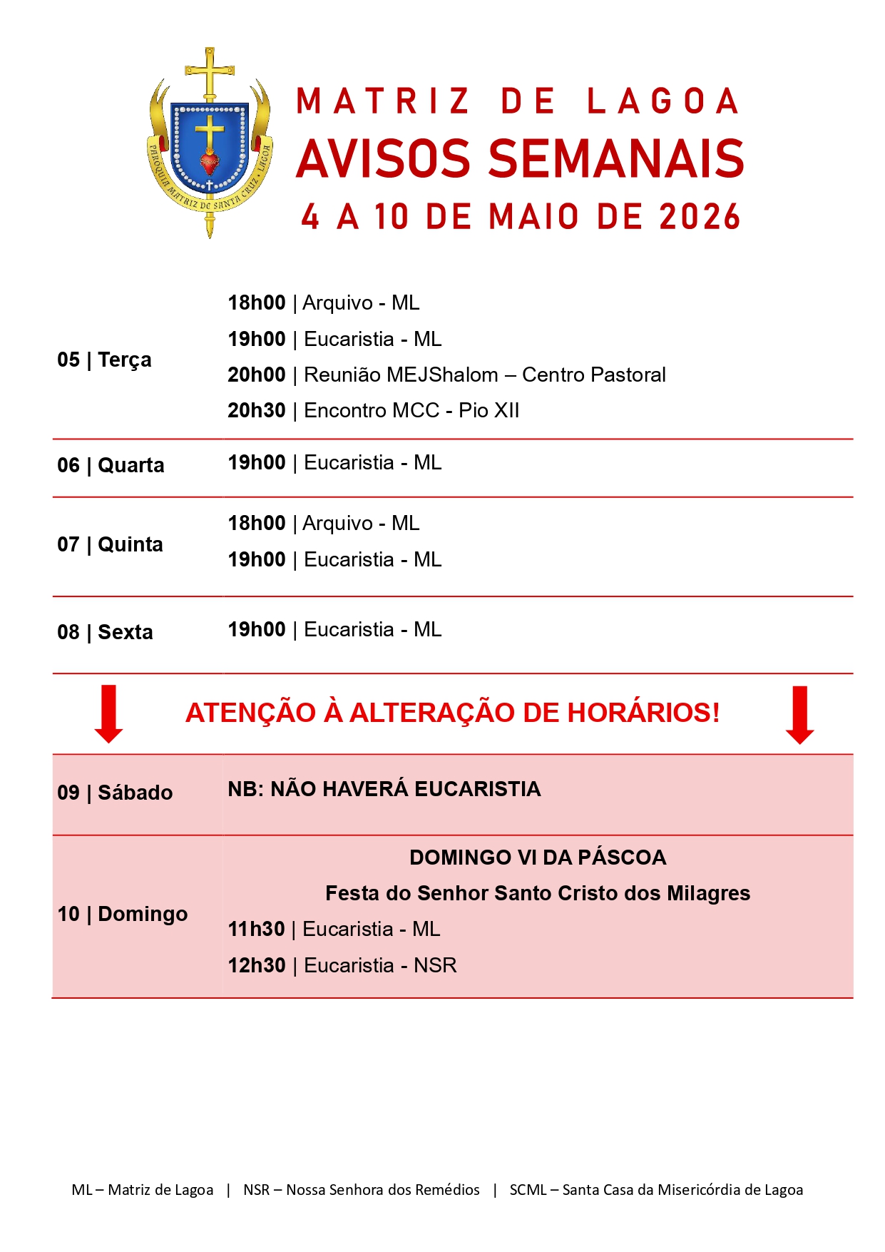 Avisos Semanais | 04 de Maio a 10 de Maio