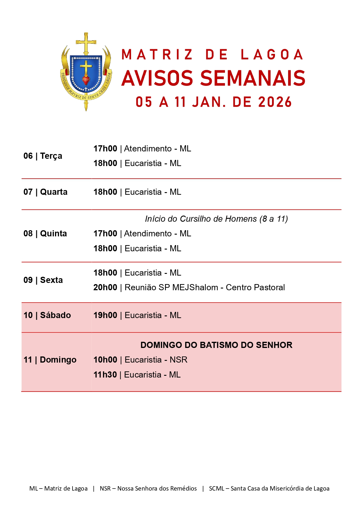 Avisos Semanais | 05 de Janeiro a 11 de Janeiro