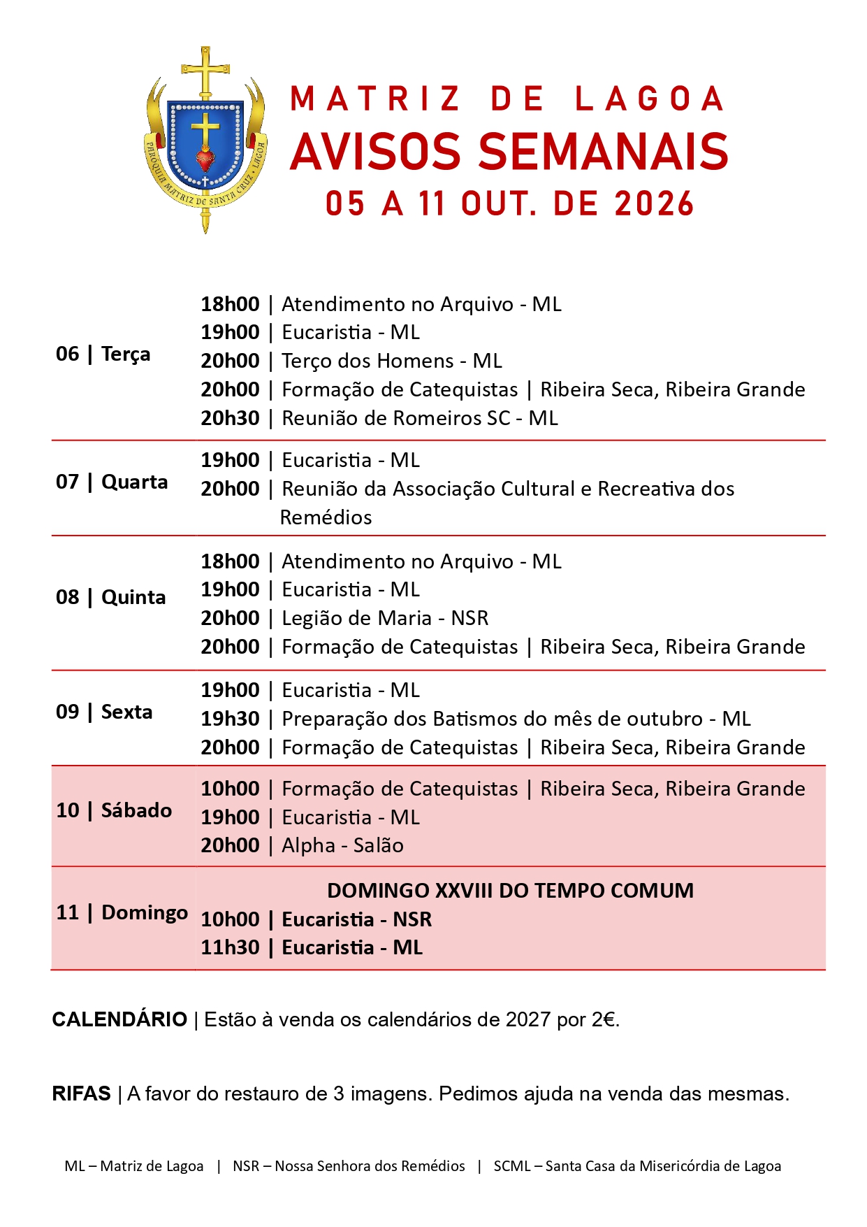 Avisos Semanais | 05 de Outubro a 11 de Outubro