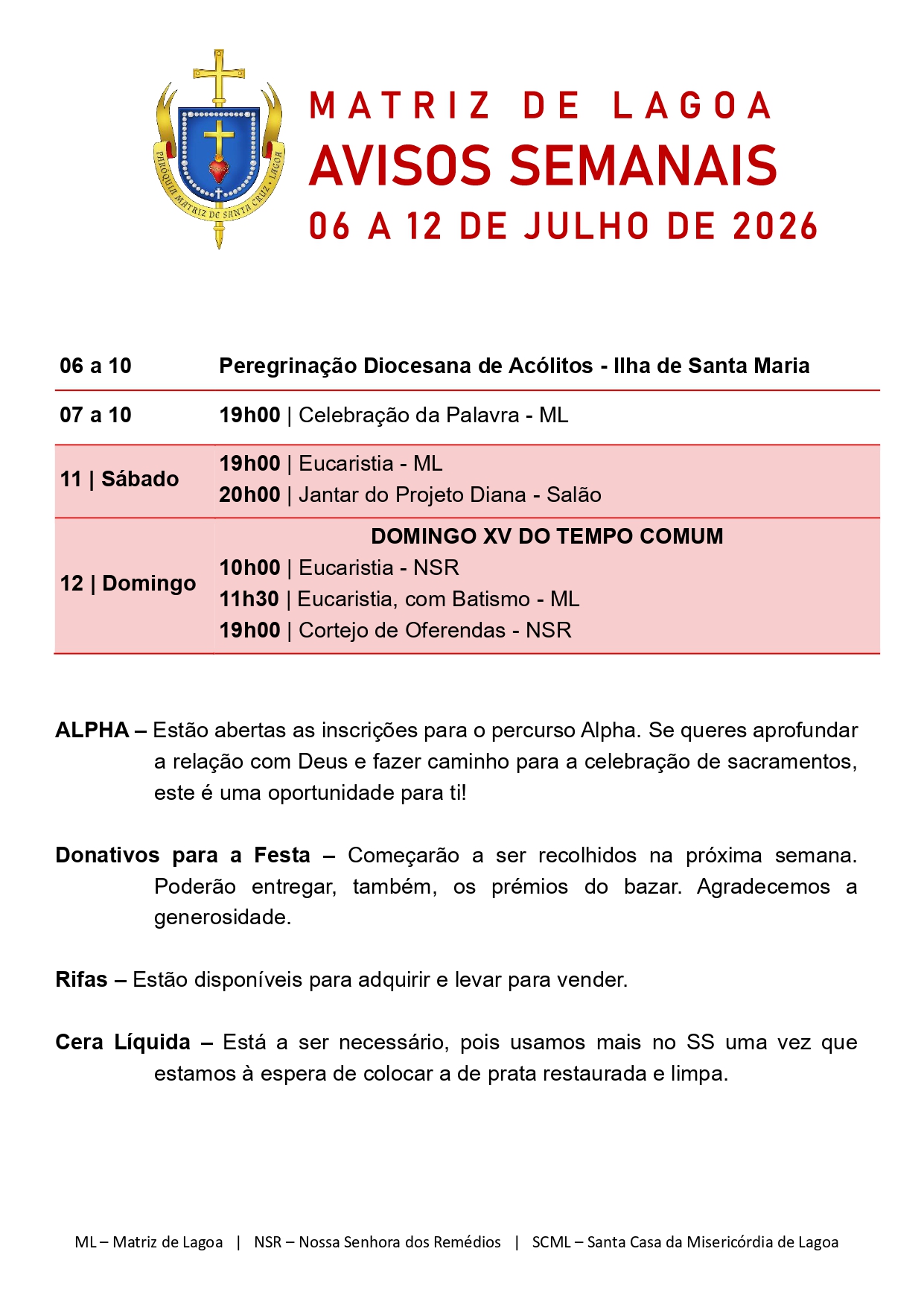 Avisos Semanais | 05 de Julho a 12 de Julho