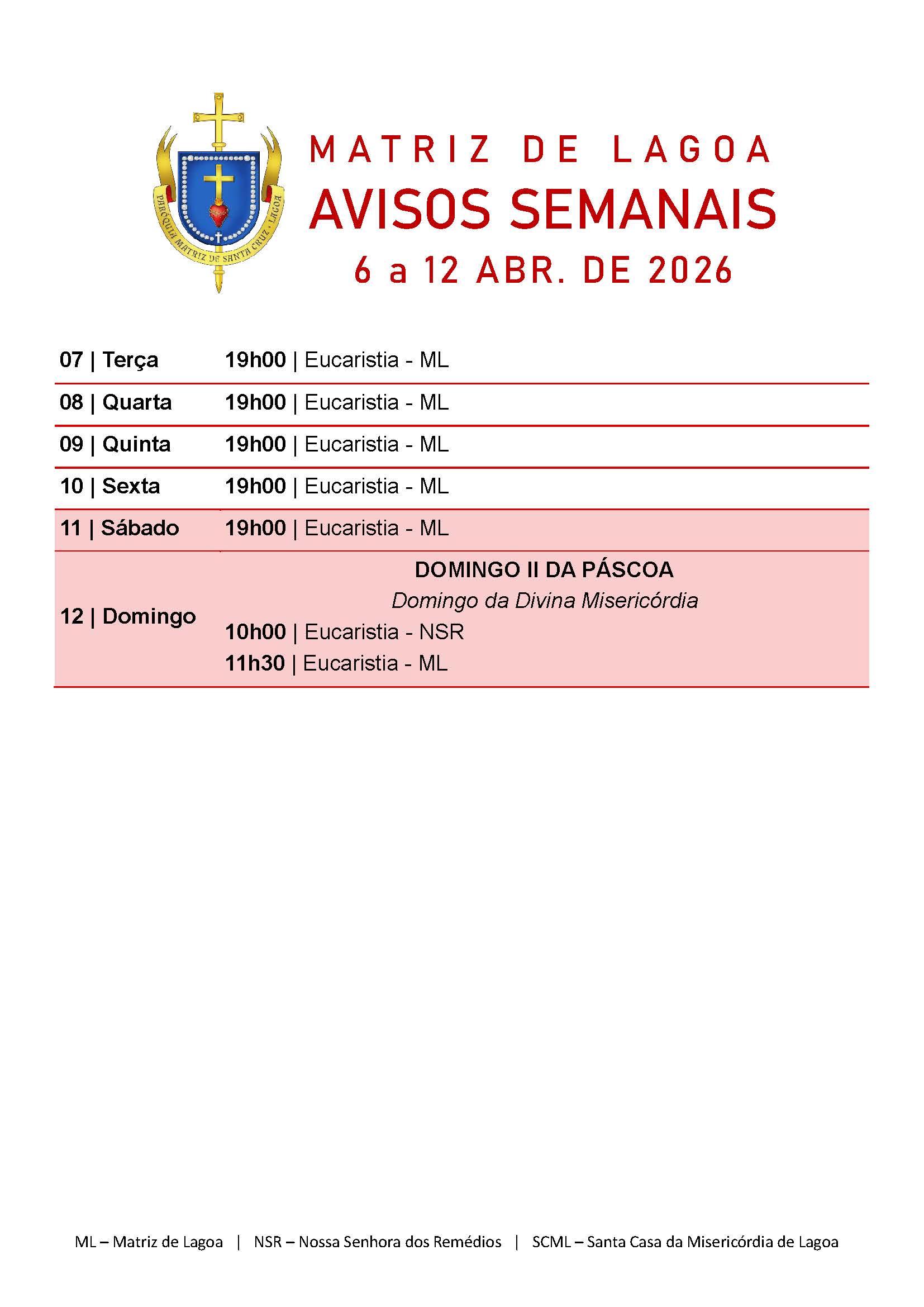 Avisos Semanais | 06 de Abril a 12 de Abril