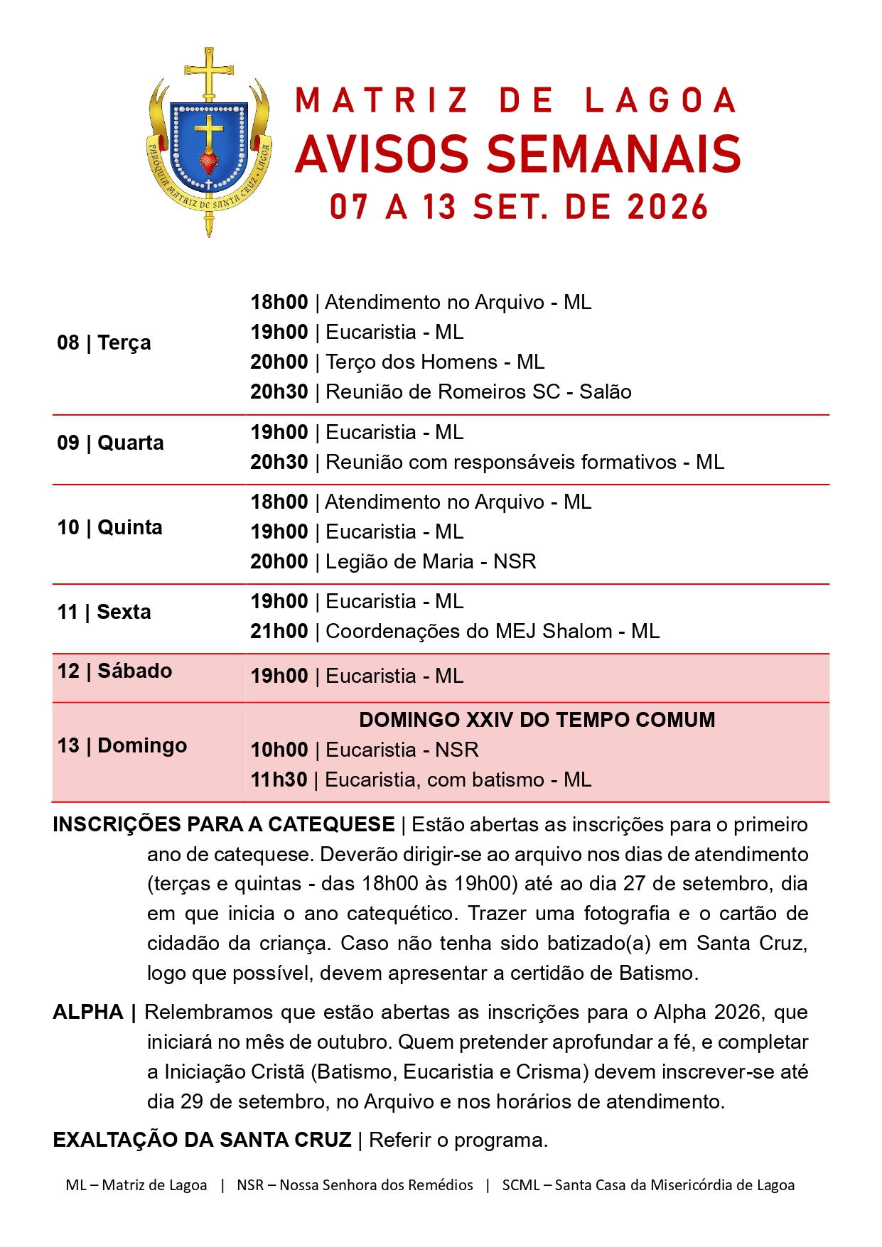 Avisos Semanais | 07 de Setembro a 13 de Setembro
