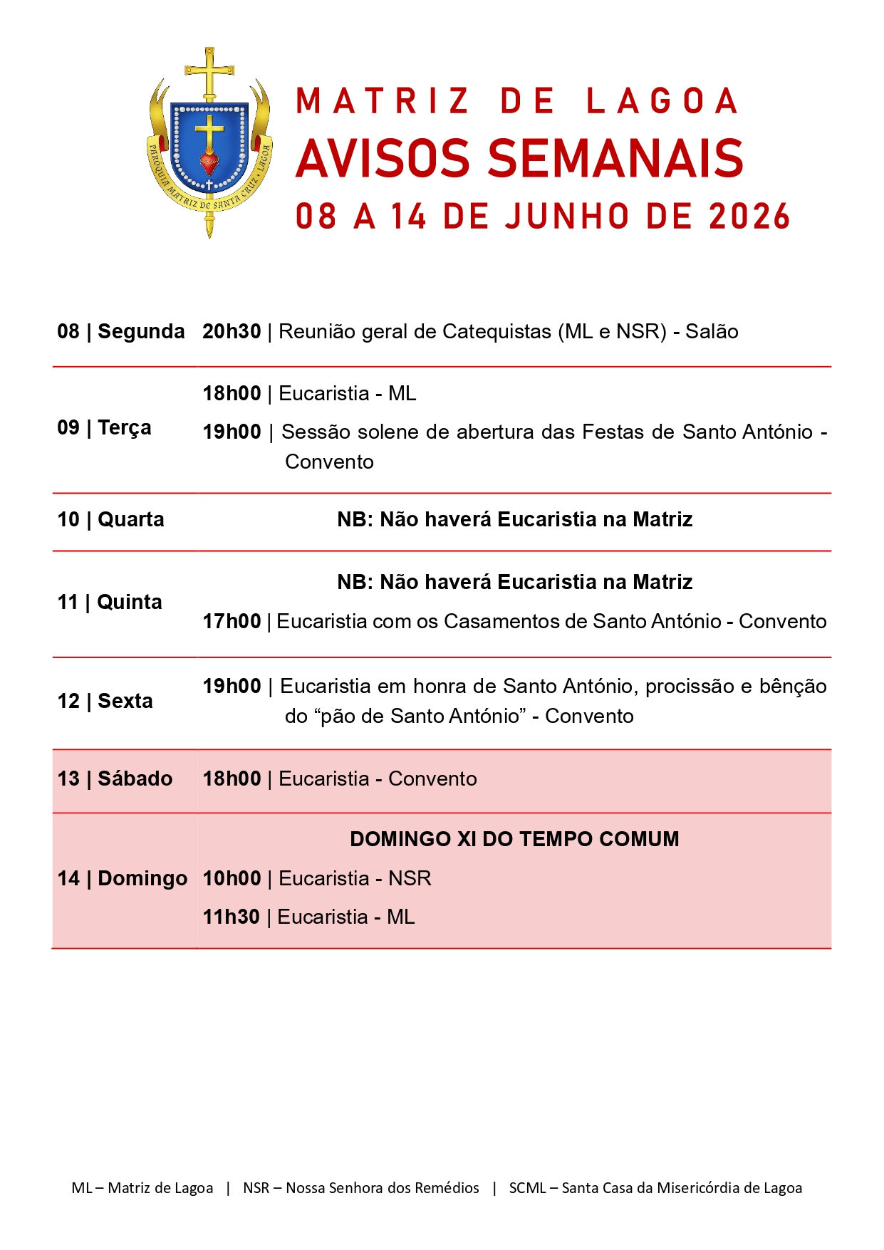 Avisos Semanais | 08 de Junho a 14 de Junho