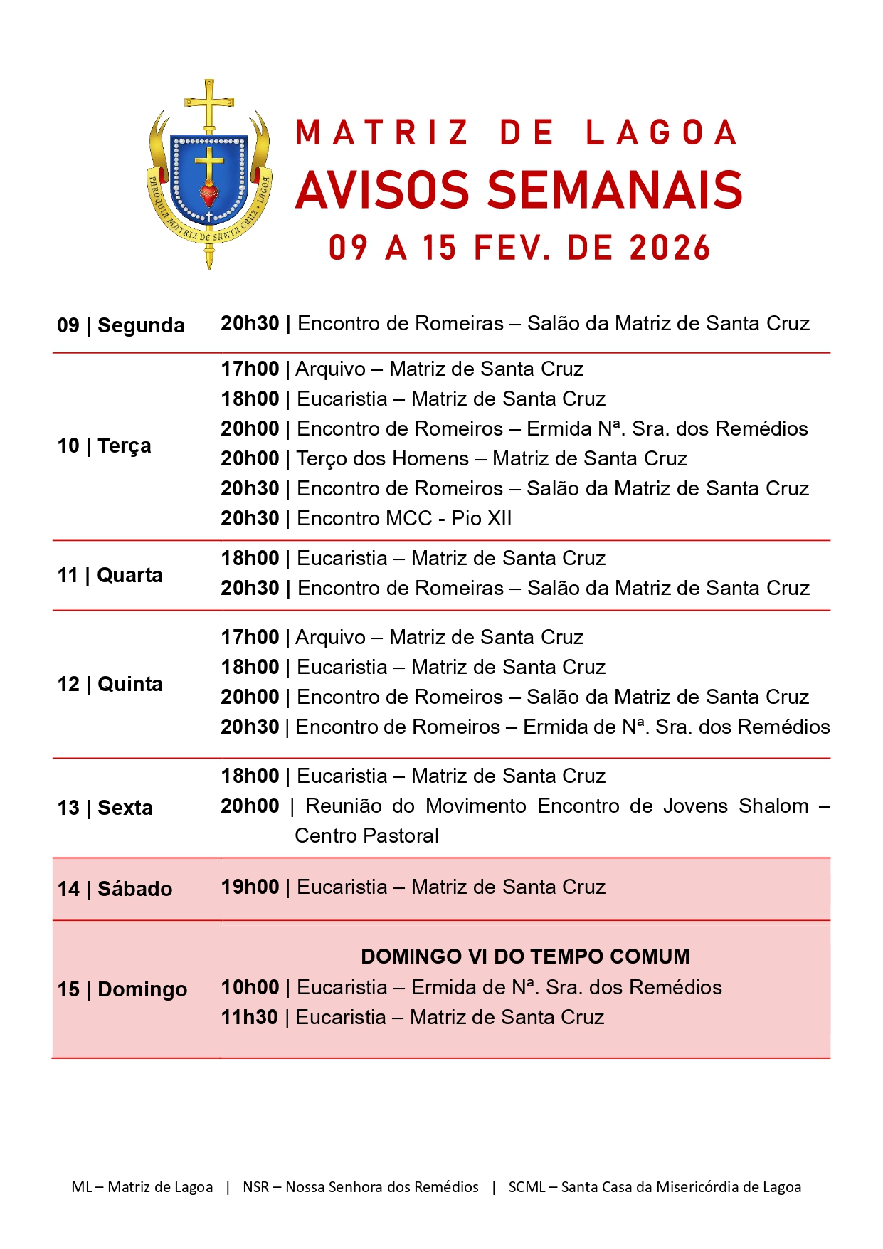 Avisos Semanais | 09 de Fevereiro a 15 de Fevereiro