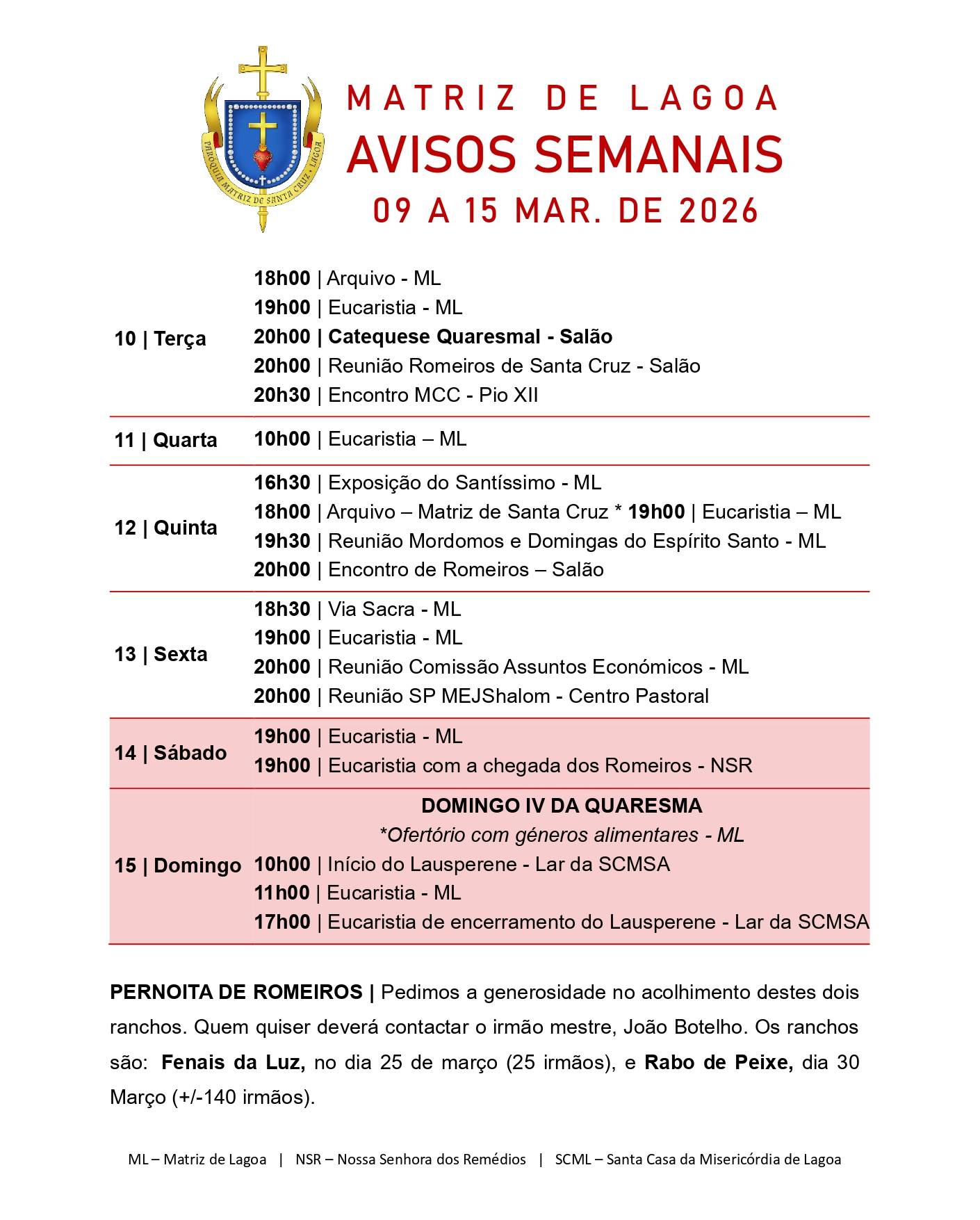 Avisos Semanais | 09 de Março a 15 de Março