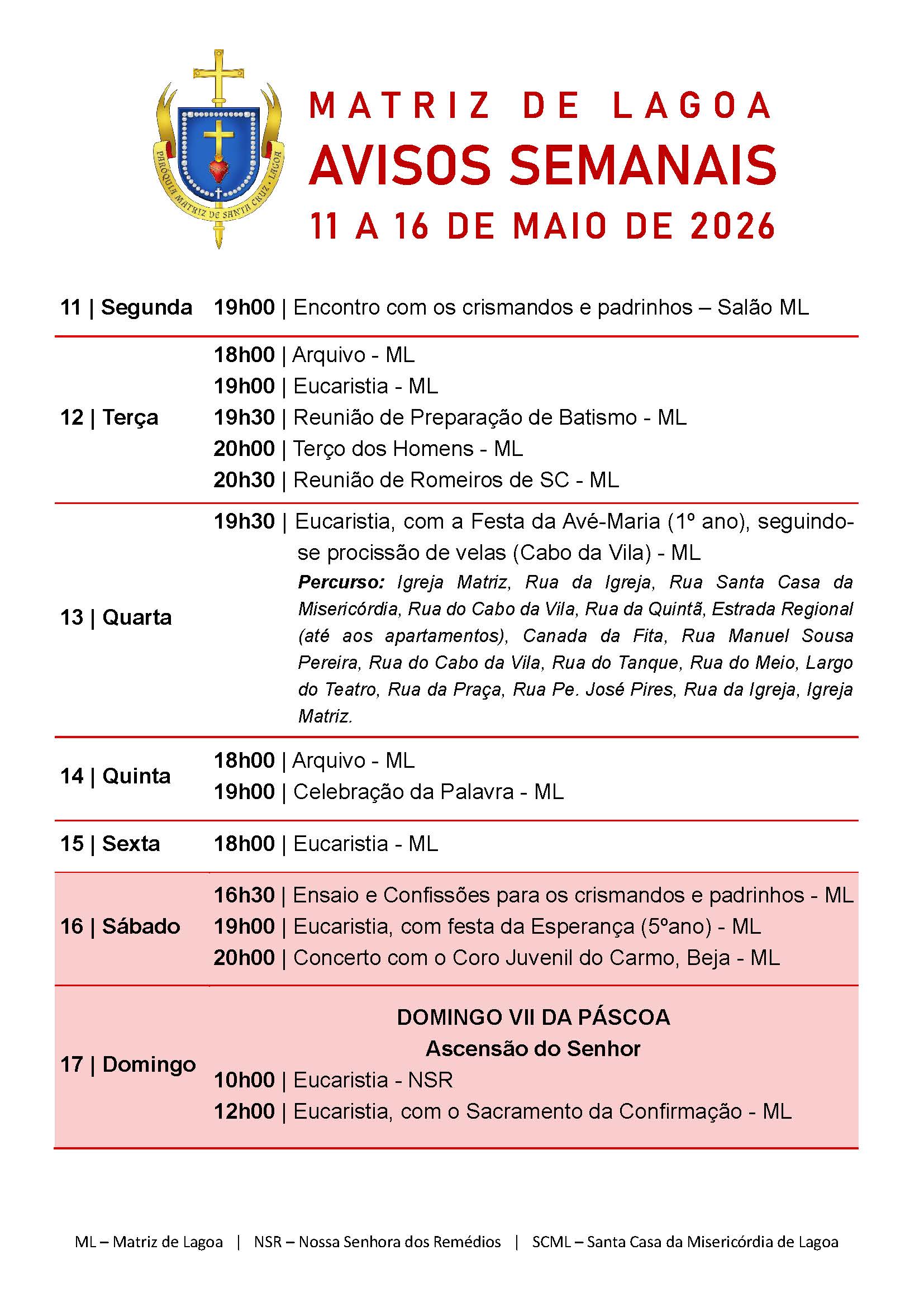 Avisos Semanais | 11 de Maio a 17 de Maio