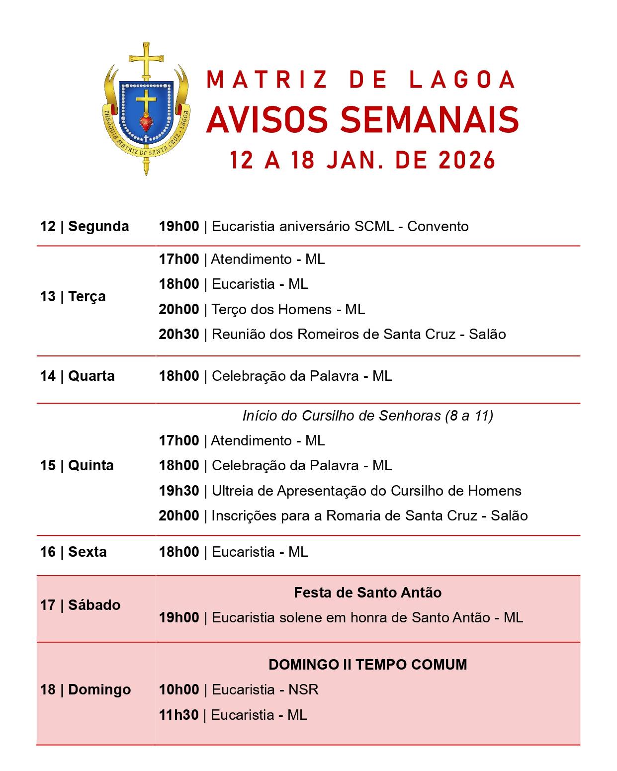 Avisos Semanais | 12 de Janeiro a 18 de Janeiro