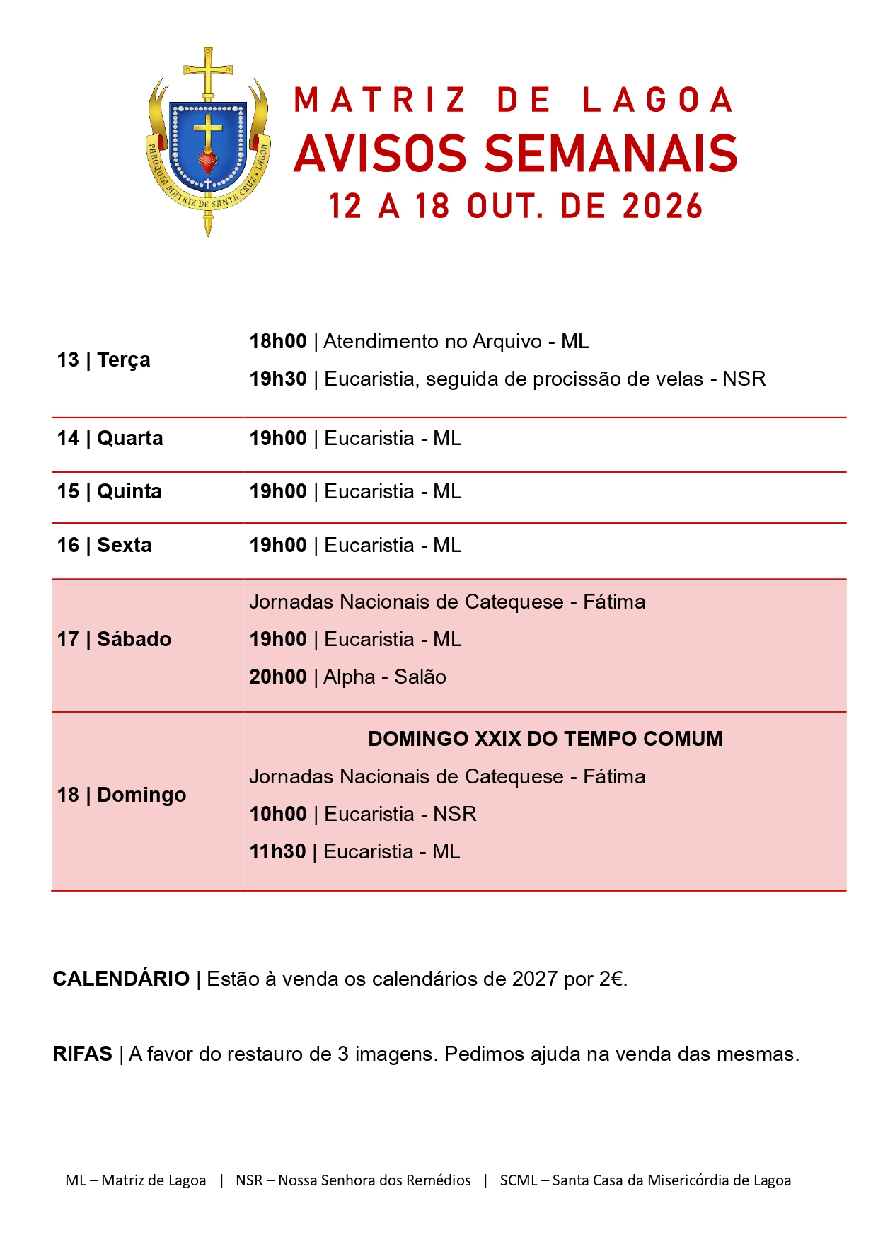 Avisos Semanais | 12 de Outubro a 18 de Outubro