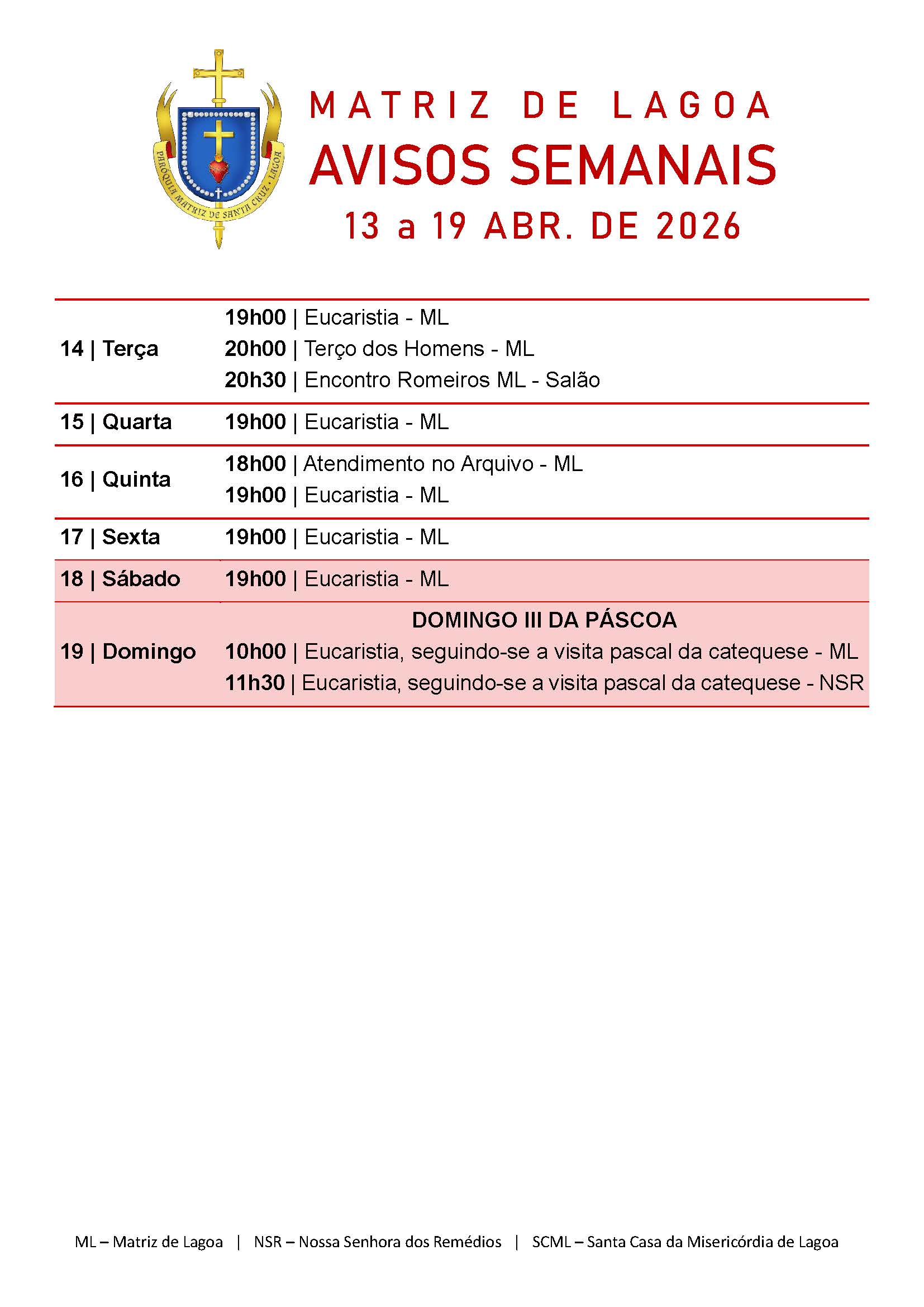 Avisos Semanais | 13 de Abril a 19 de Abril